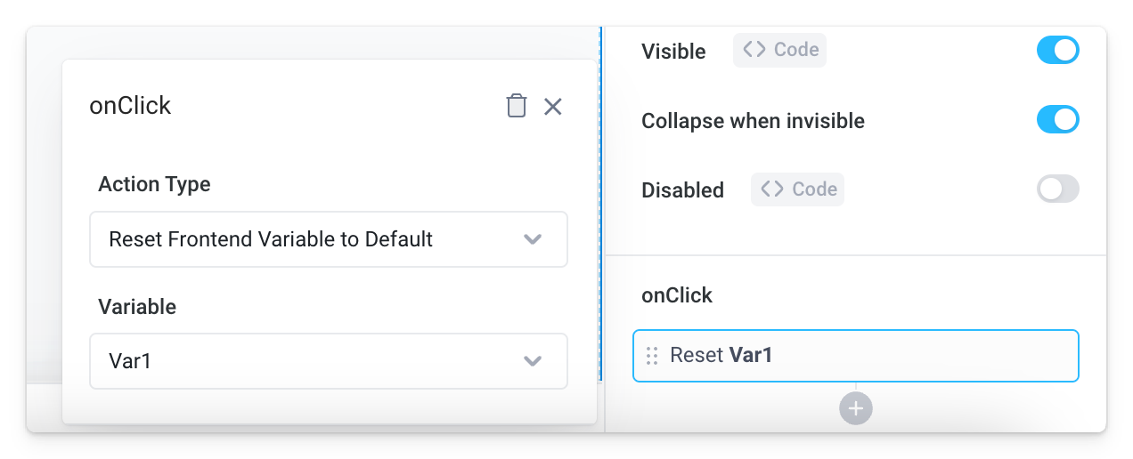 Use the Reset Frontend Variable to Default Action Type on event handlers to reset a variable's value