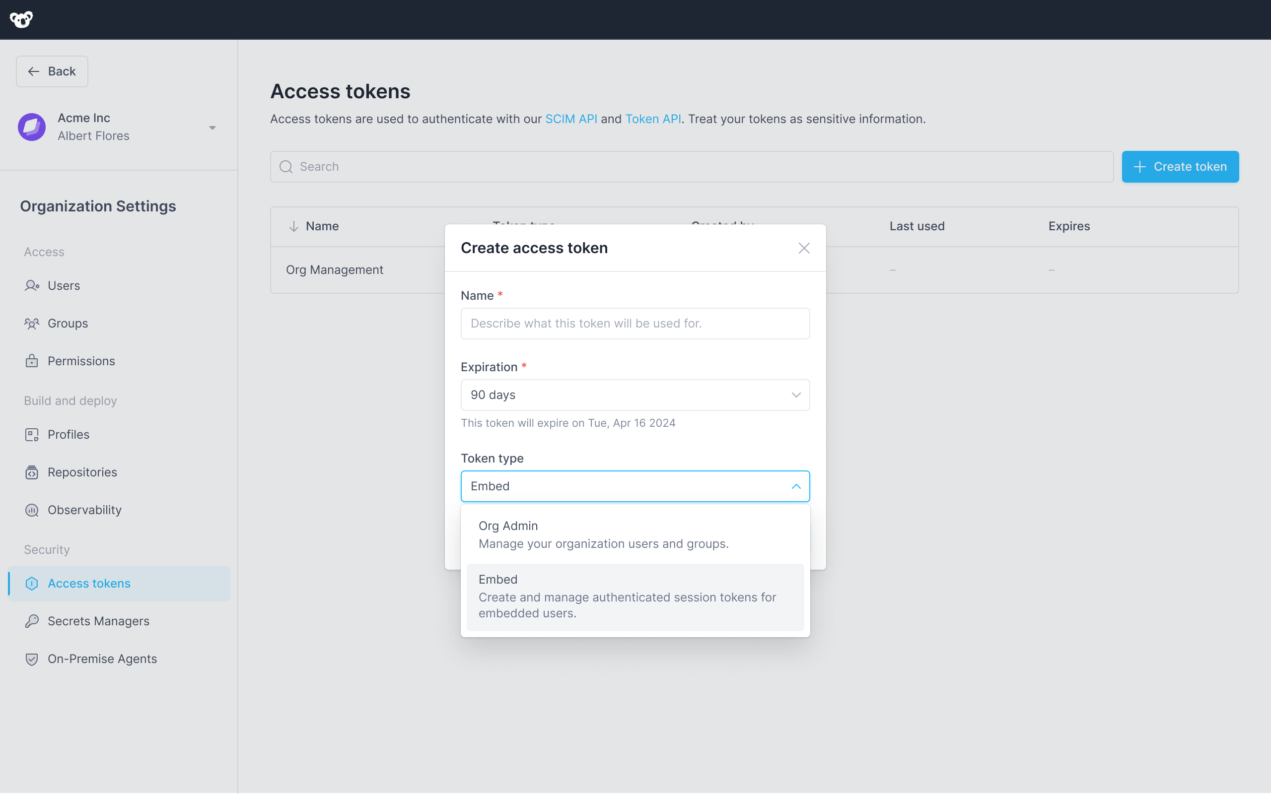 Interface for creating an embed access token