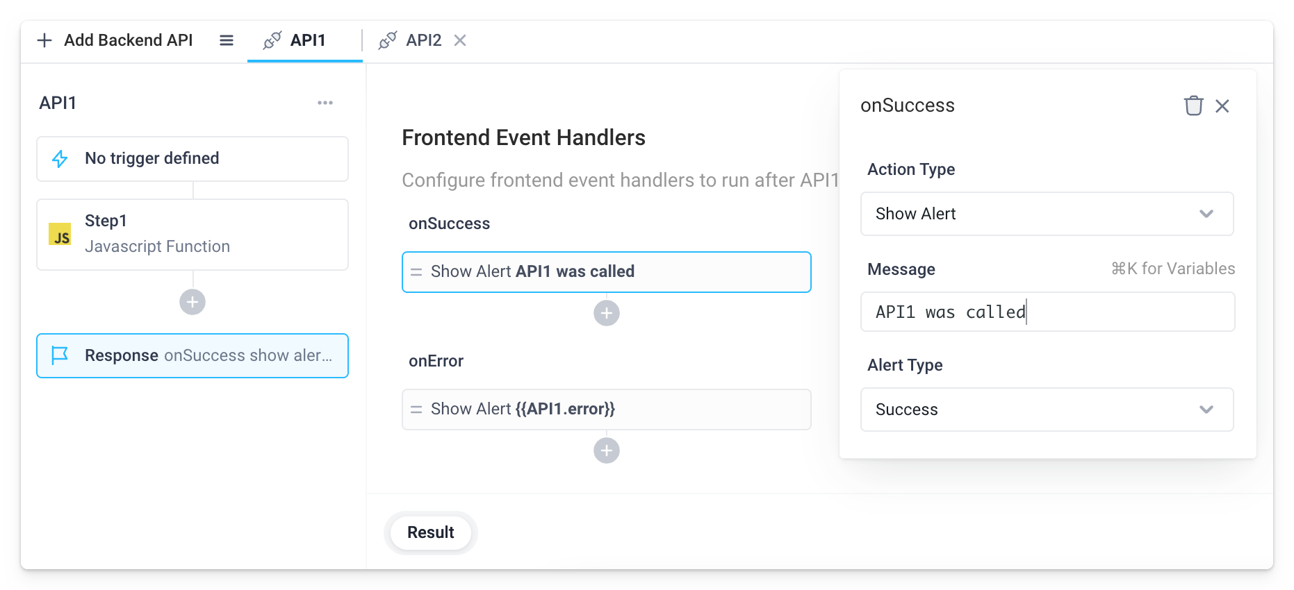 A Show Alert action type was added to the onSuccess event handler for both APIs.