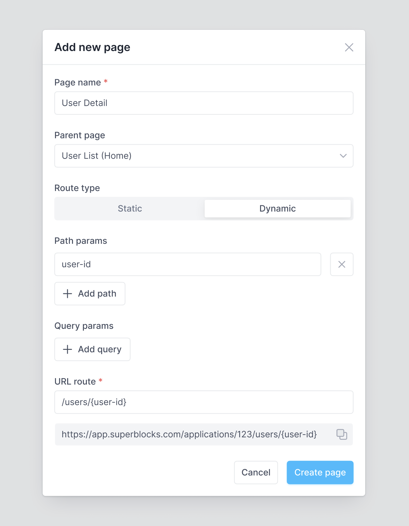 Configure the details for your new page with a dynamic route