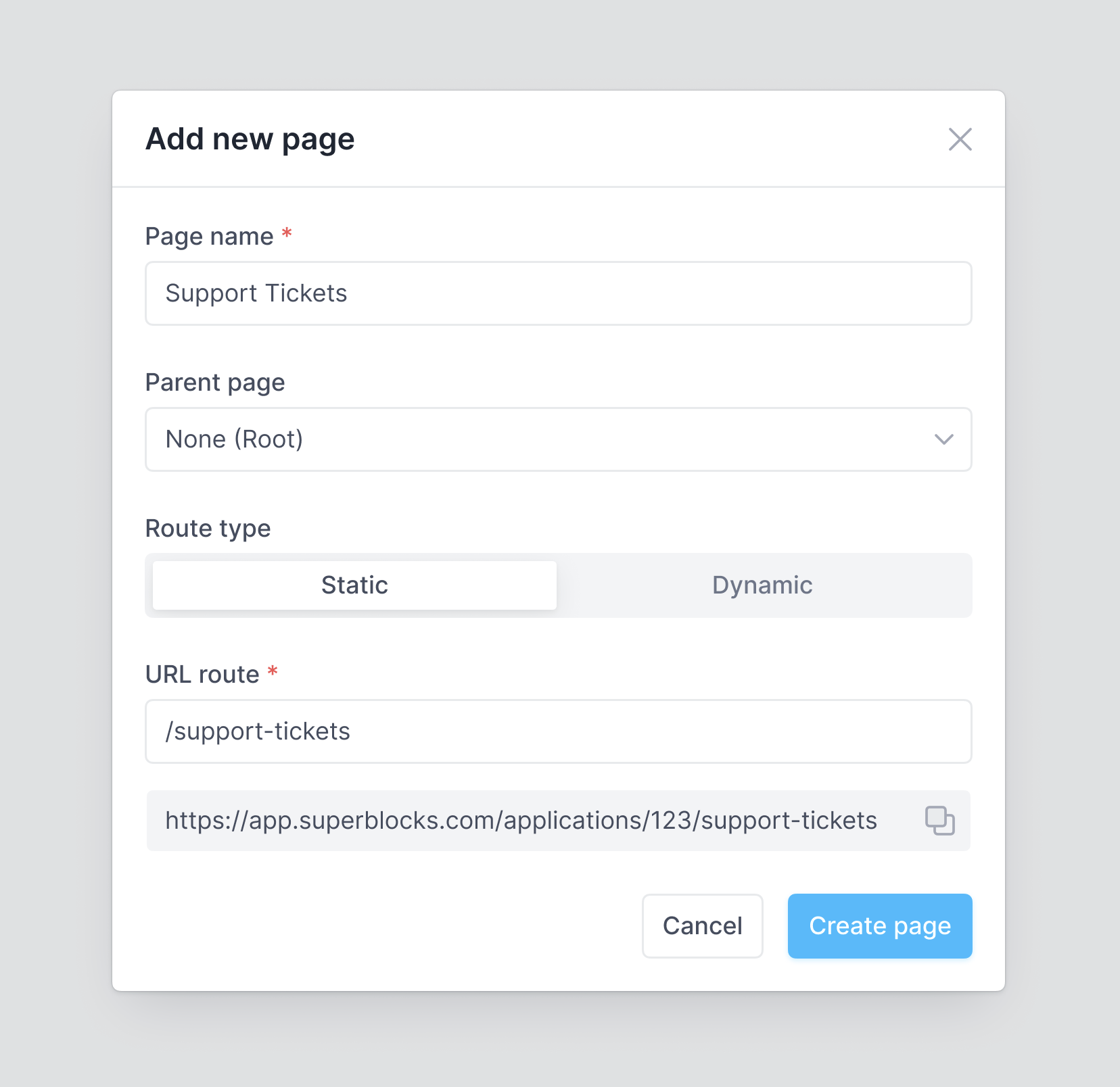 Configure the details for your new page