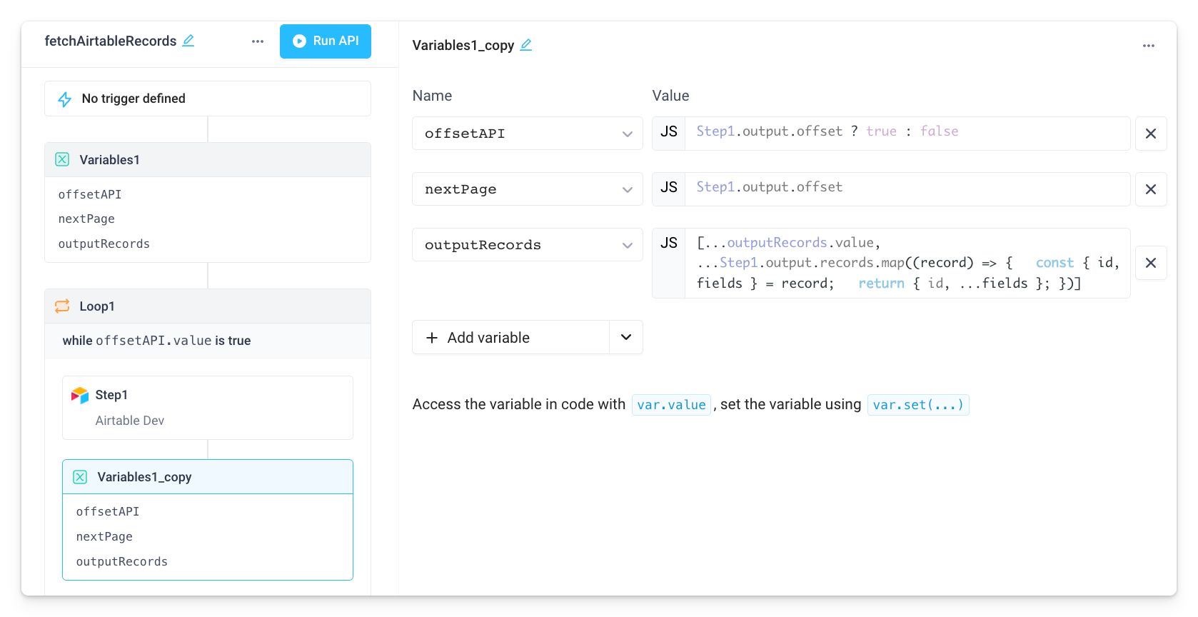 Update the variables block after each Airtable call