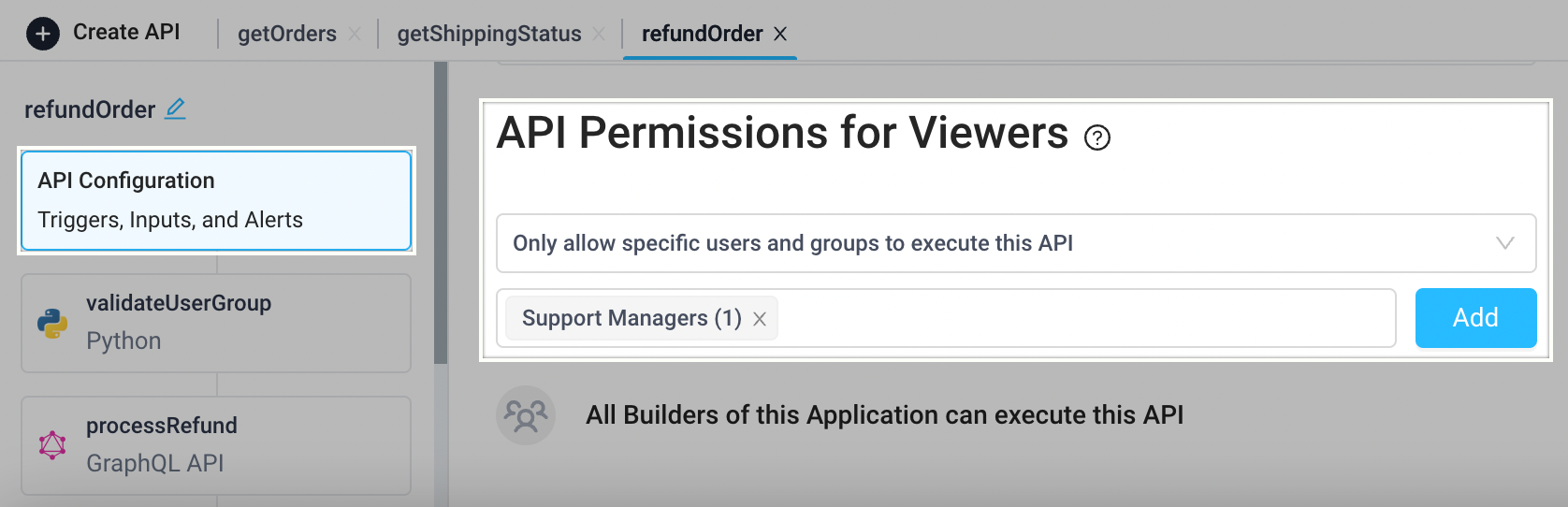 Permissions can also be set on the API directly per user or per group on the bottom of the API Configuration tab.