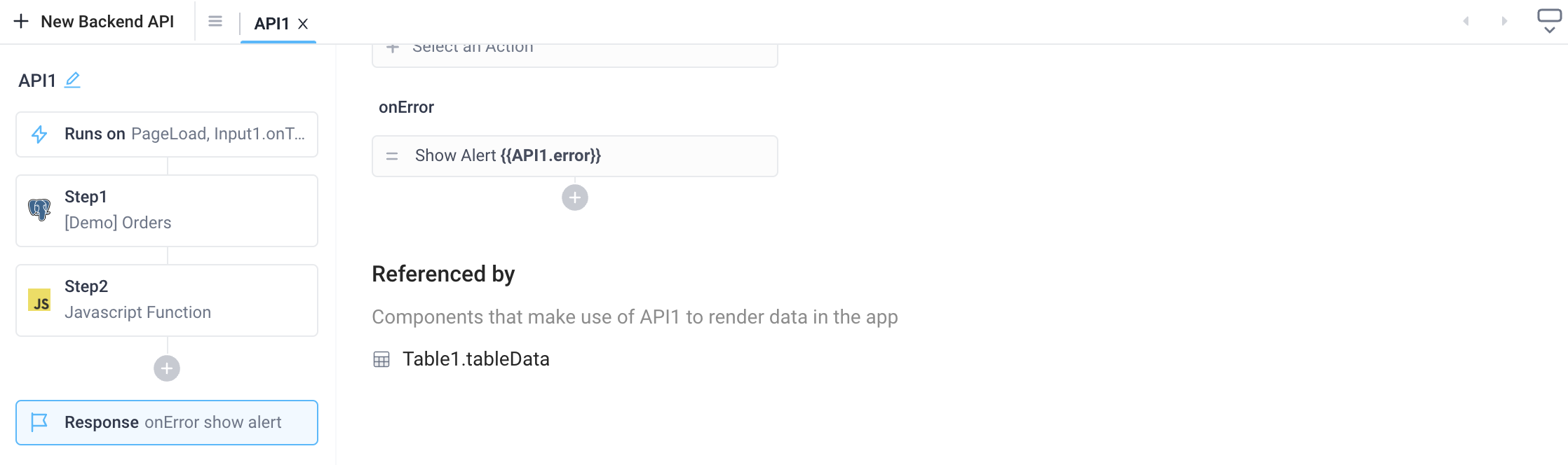 The **Referenced In** section lists all frontend components that reference a backend API
