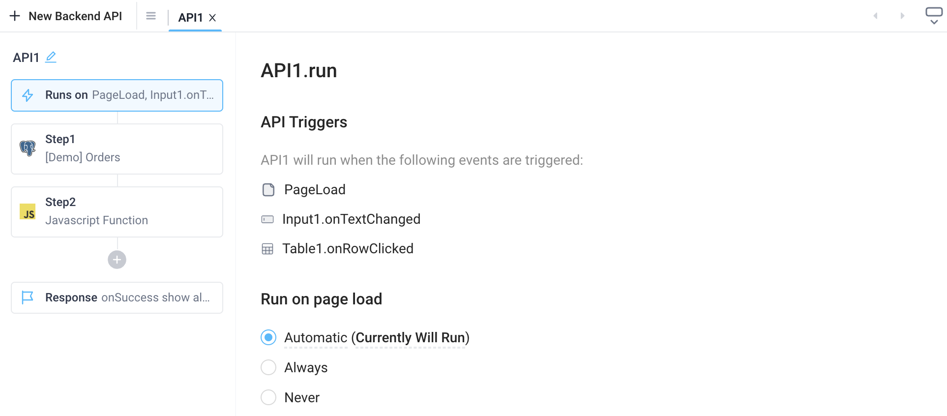 The list of API triggers and the Page Load settings of a backend API