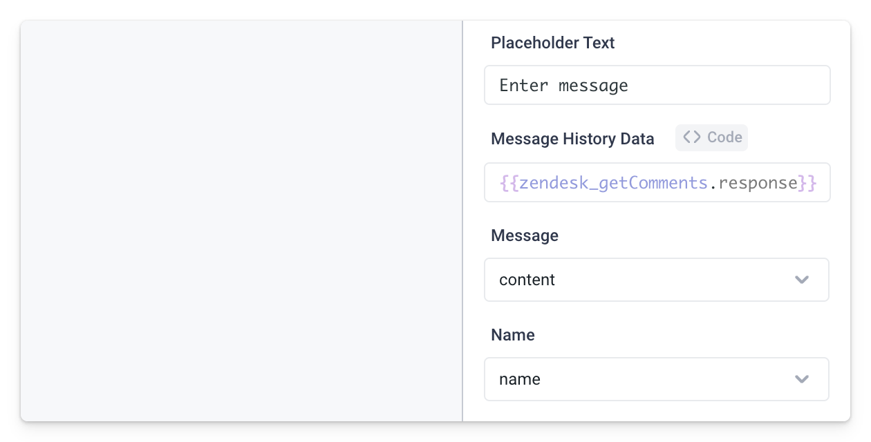 Setting the Message History Data in the properties panel of a Chat component to load the Zendesk comments.