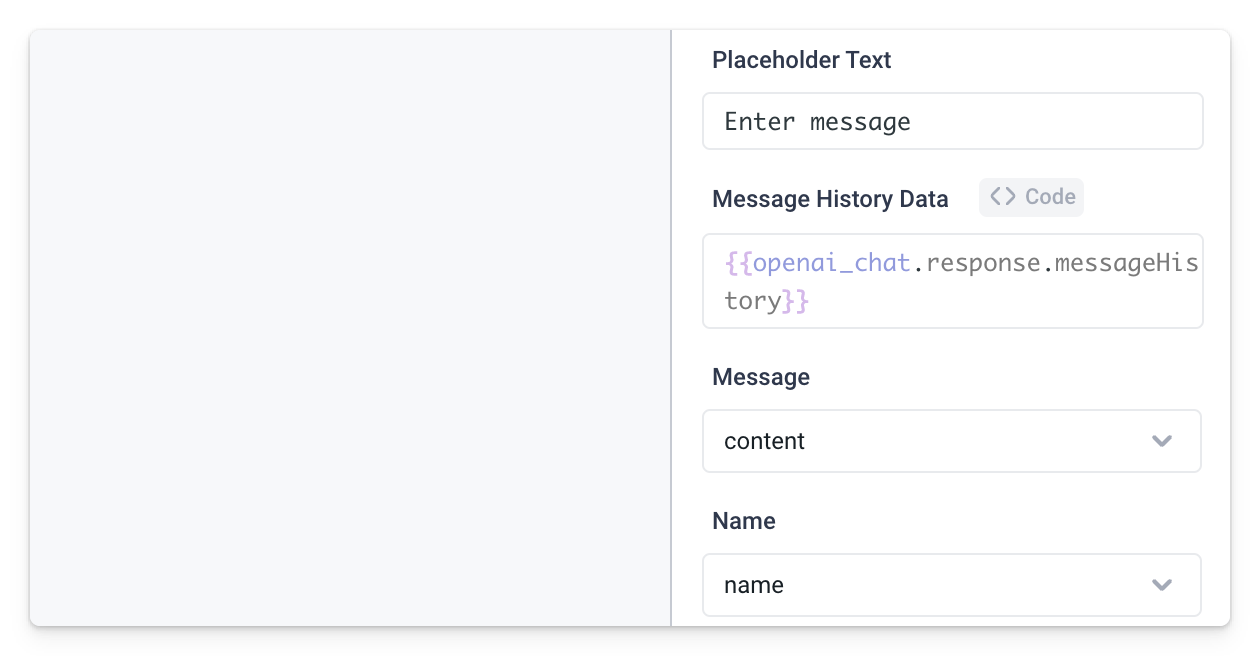 The Message History Data value of the frontend Chat component is set to the chat history of the OpenAI API.
