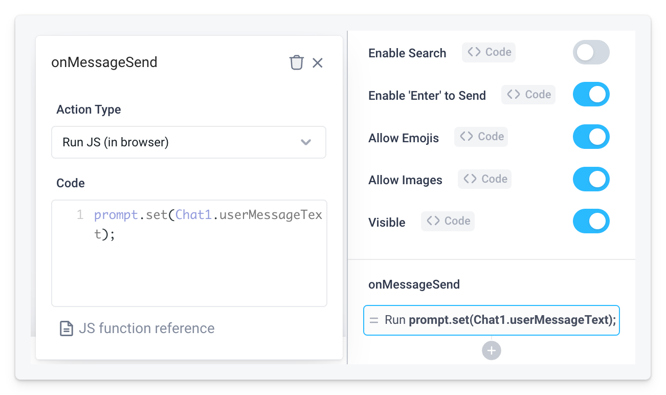 The onMessageSend event handler of the Chat Component is used to set the prompt state variable.