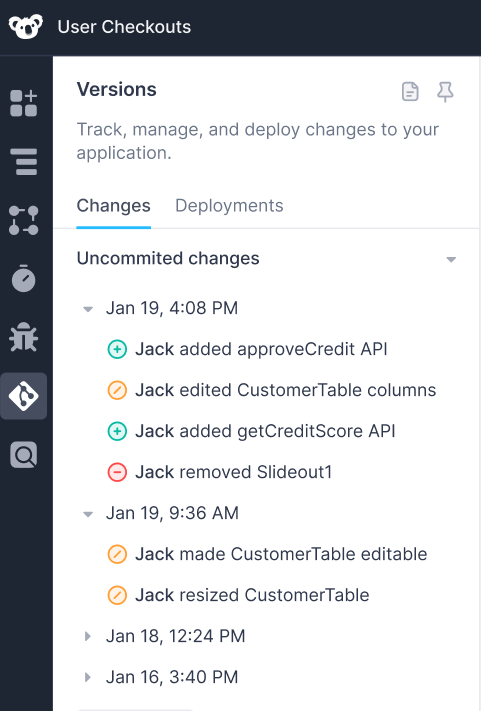 A list of committed changes is displayed in the Version Control Panel.