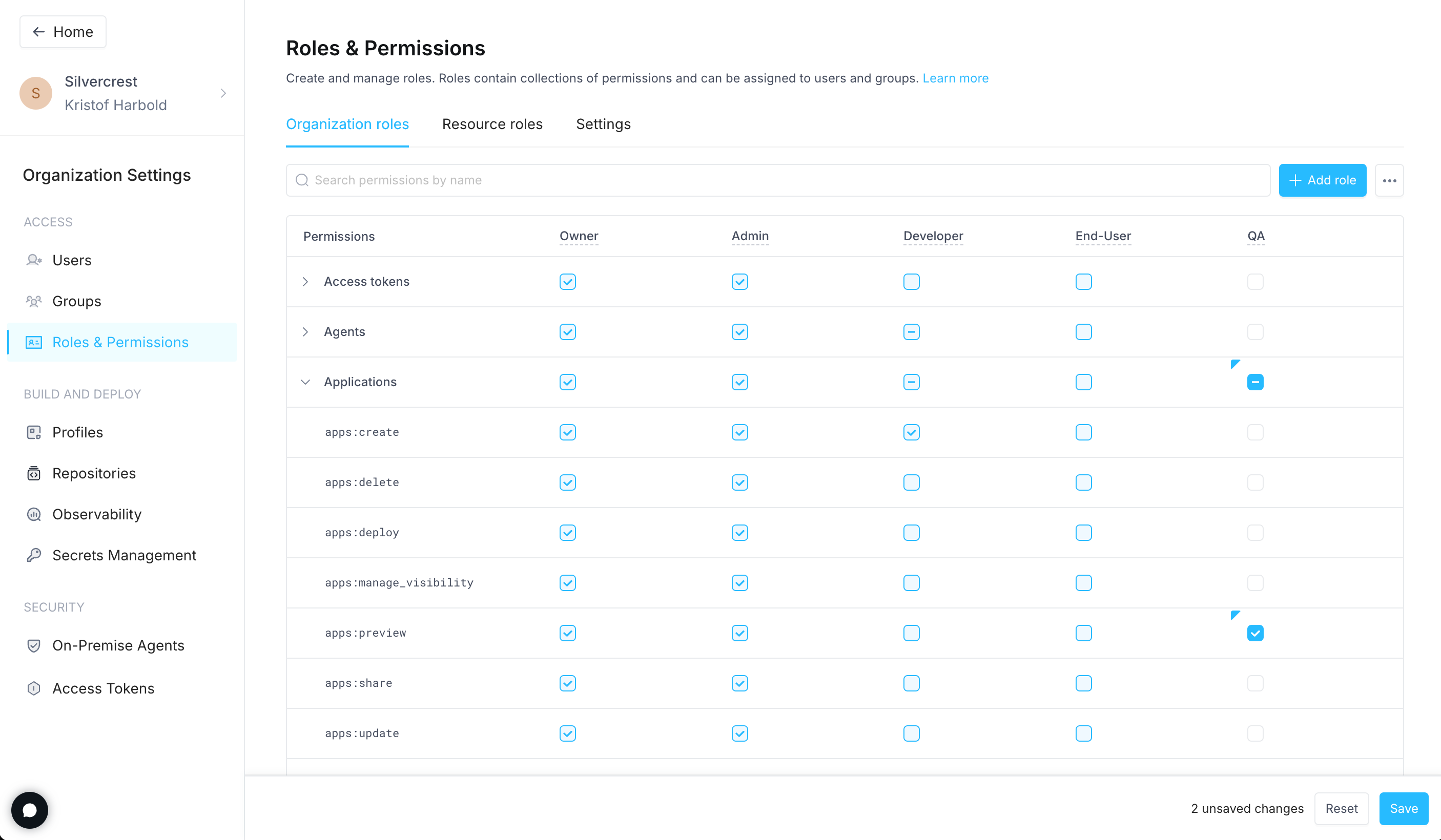 Manage permissions of custom organization role