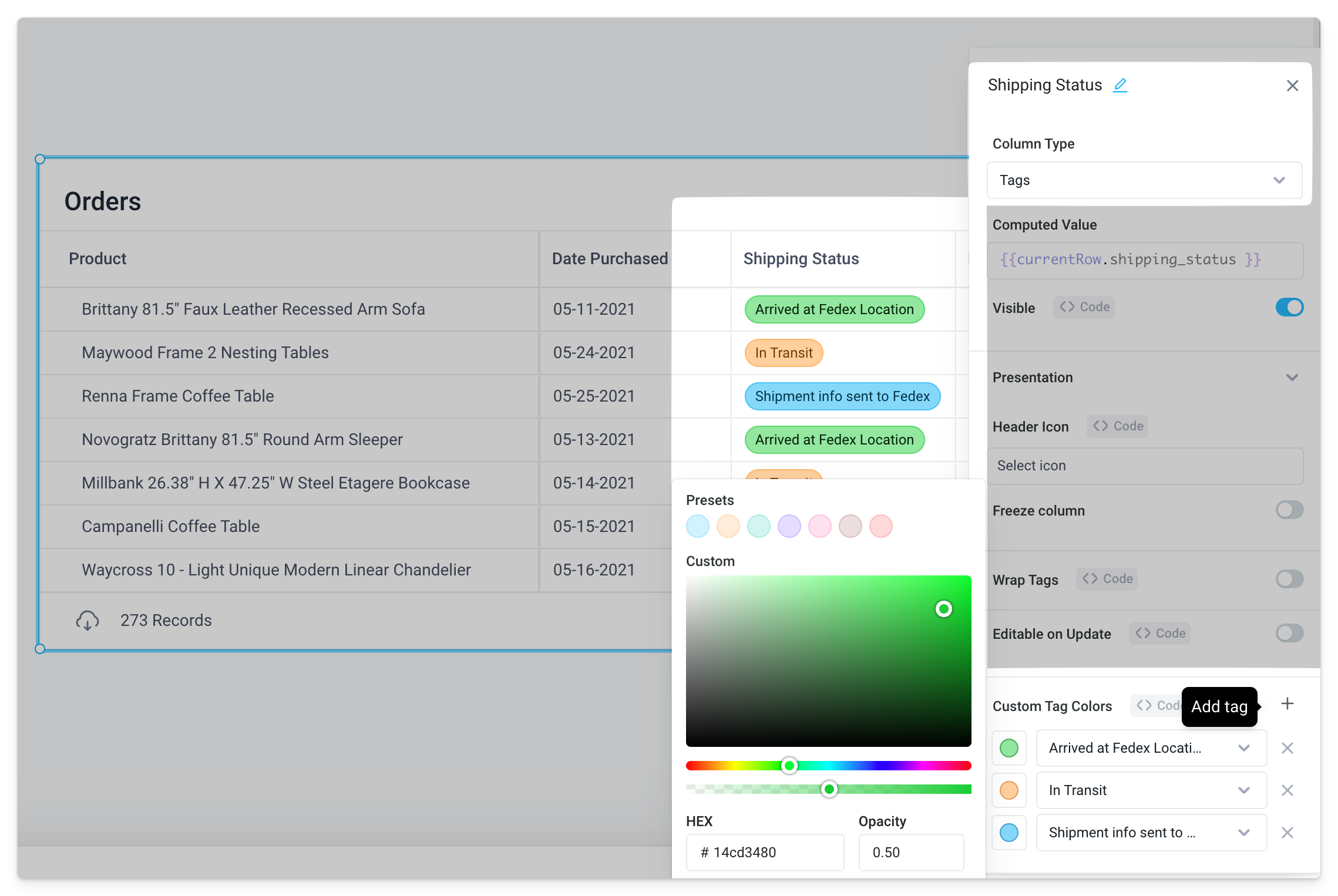 configure custom tag colors in a table