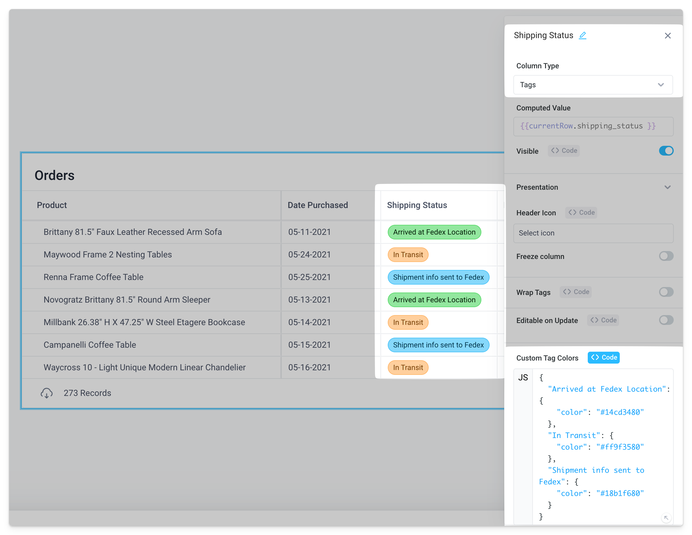 configure custom tag colors with code mode