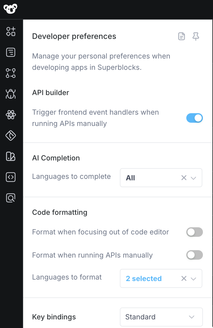 Developer preferences panel opened in the left sidebar