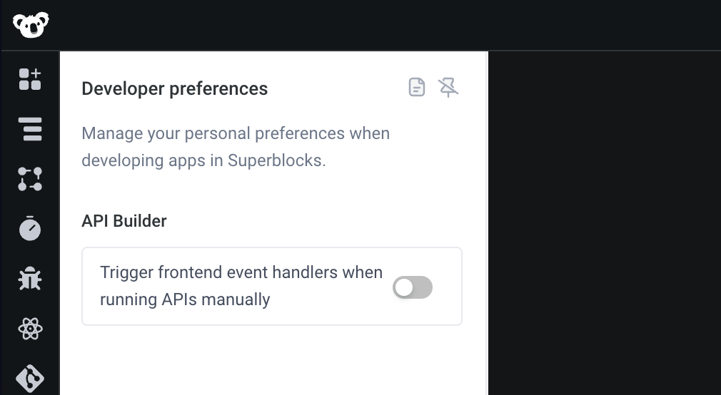 Developer preferences panel opened in the left sidebar