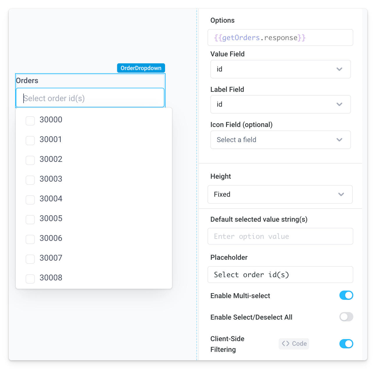 Dropdown component populated by an API returning orders