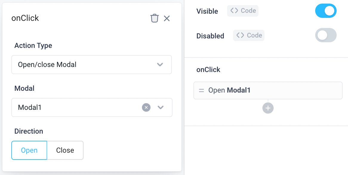Open or close a new or existing modal with event handlers