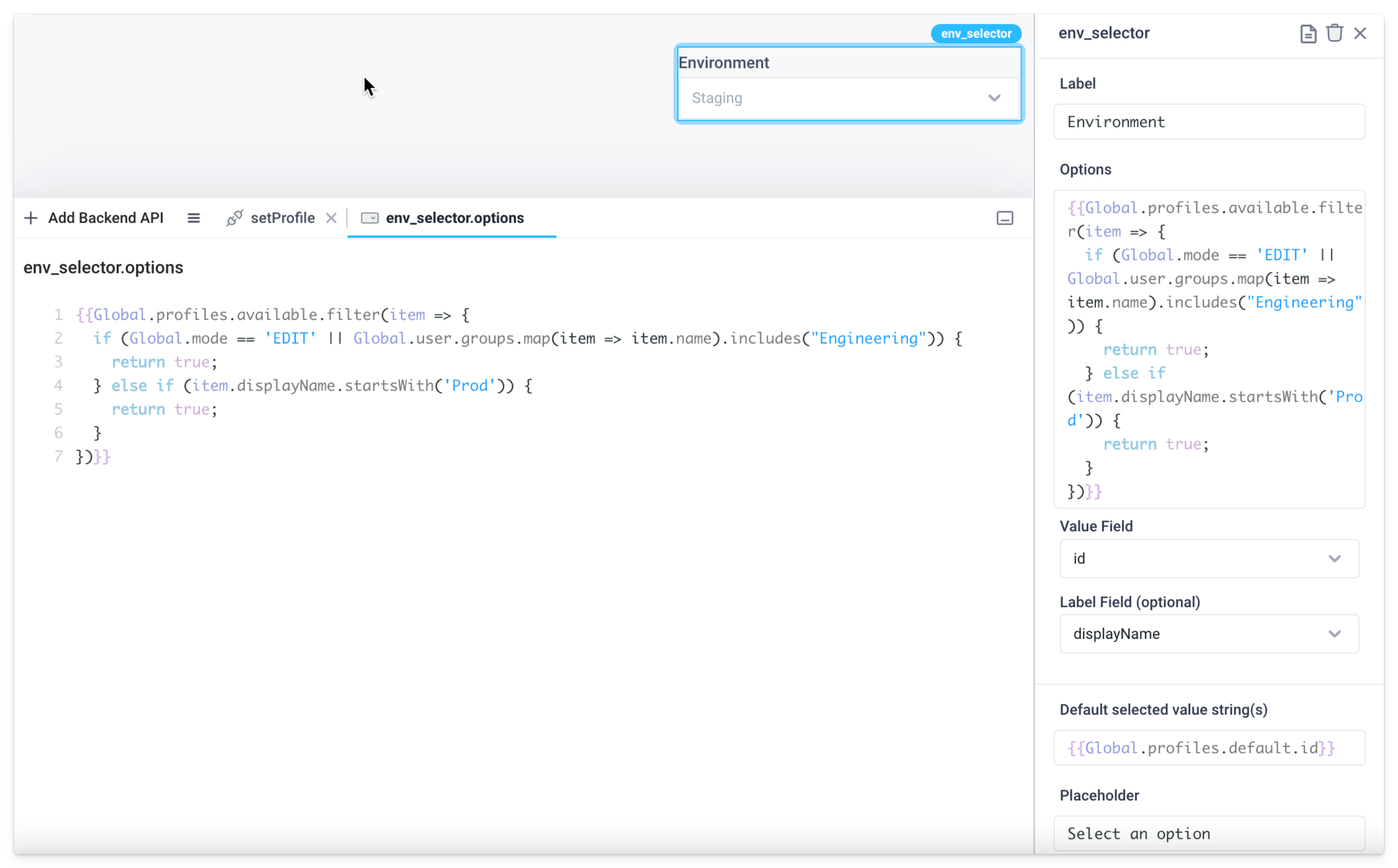 restrict profiles available in a dropdown based on user group