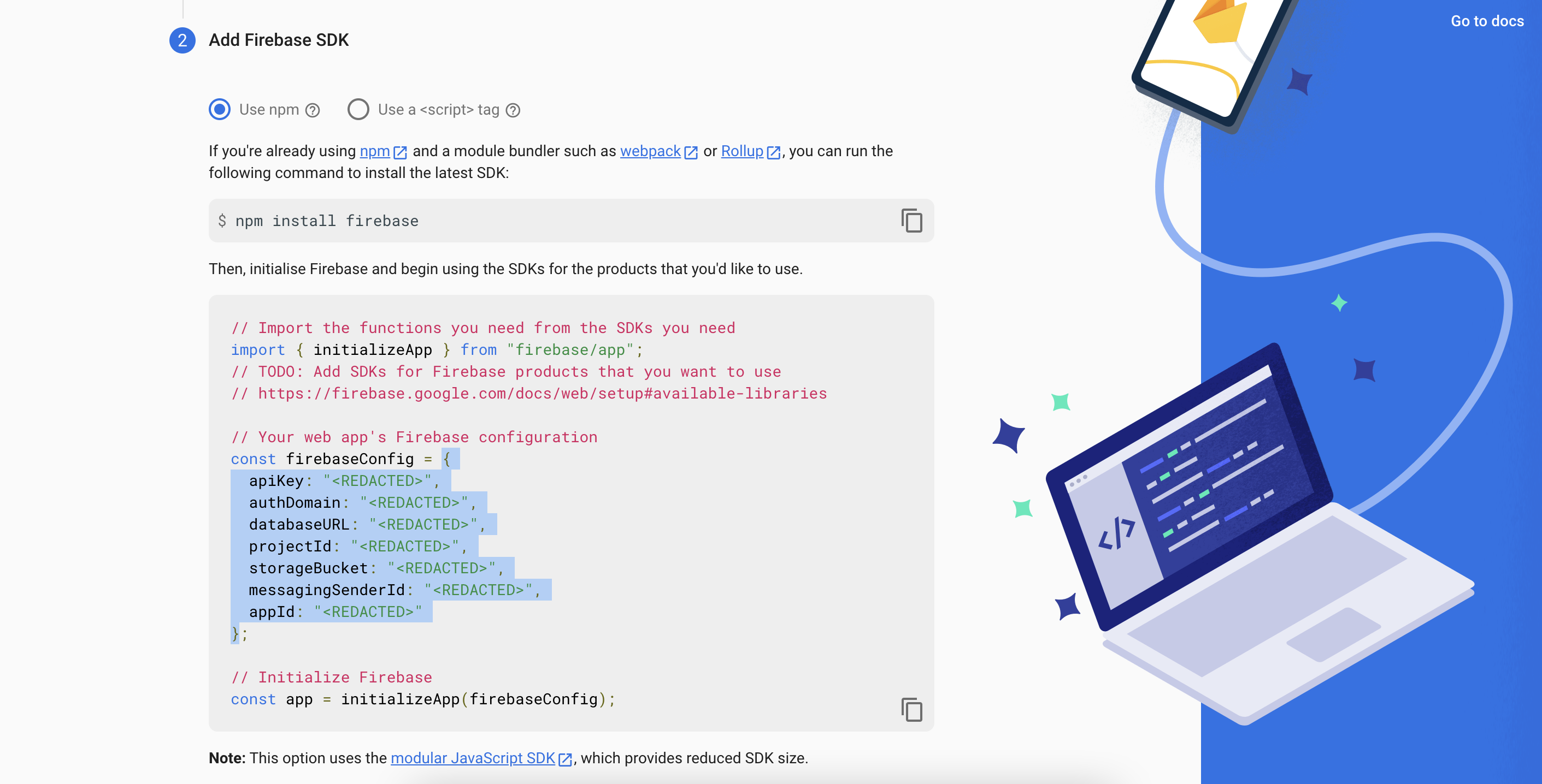 Copy SDK config firebaseConfig