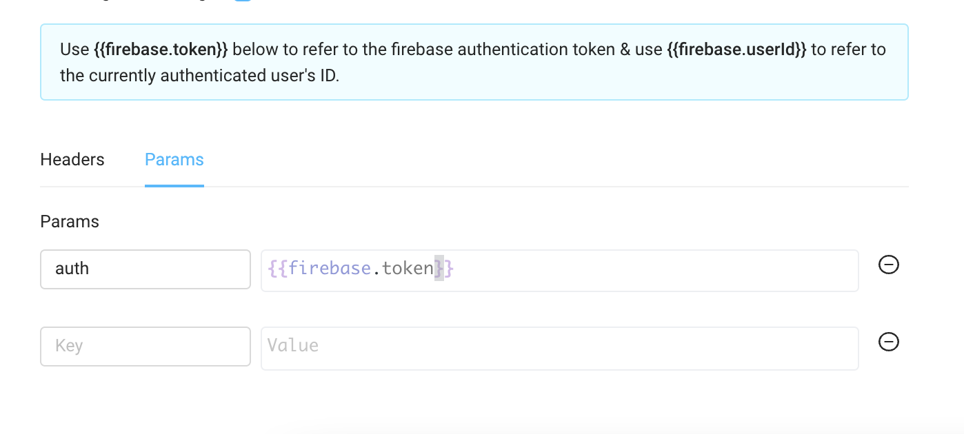 Use firebase.token below to refer to the firebase authentication token and use firebase.userId to refer to the currently authenticated user&#39;s ID