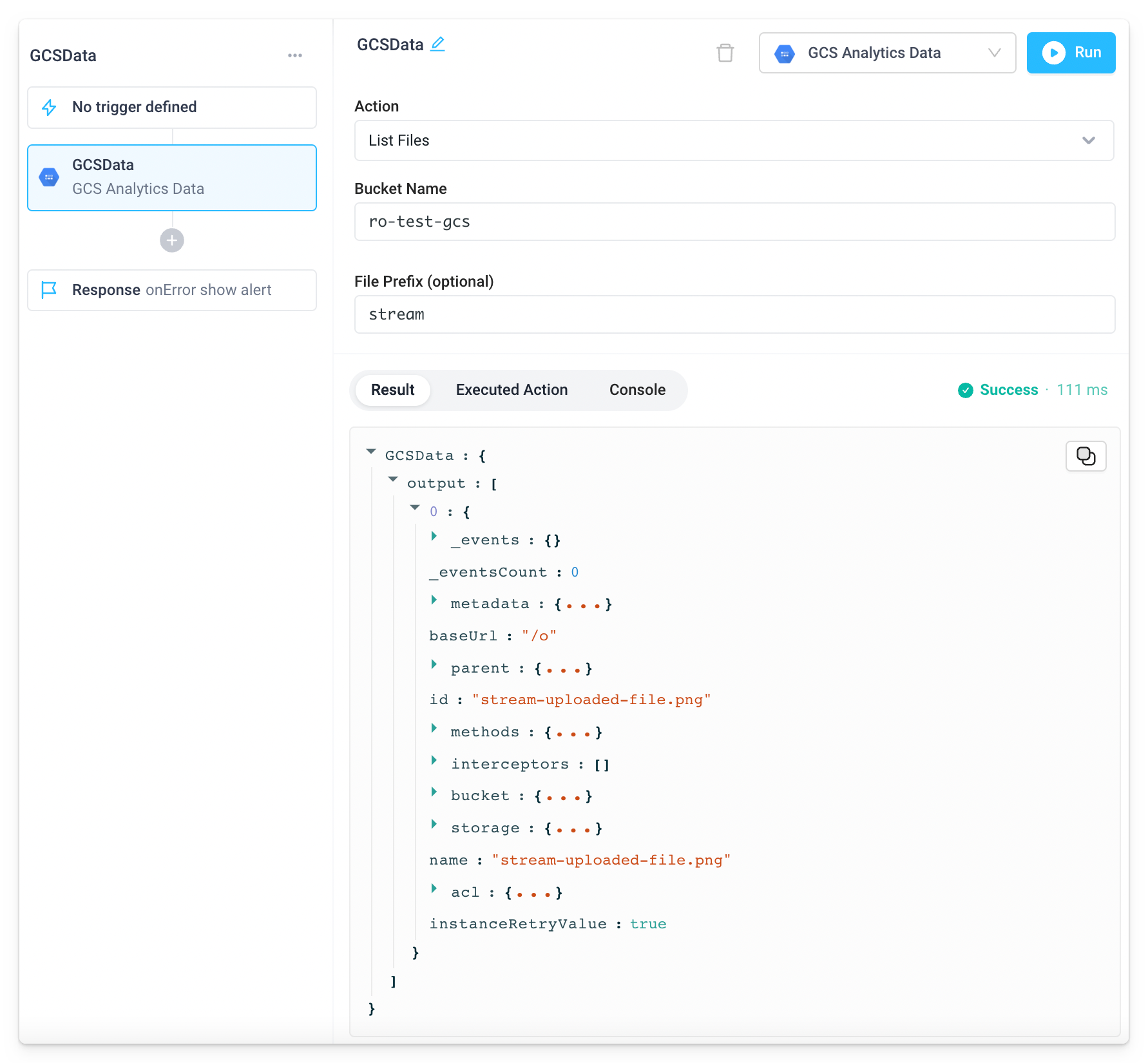 List files in a GCS bucket