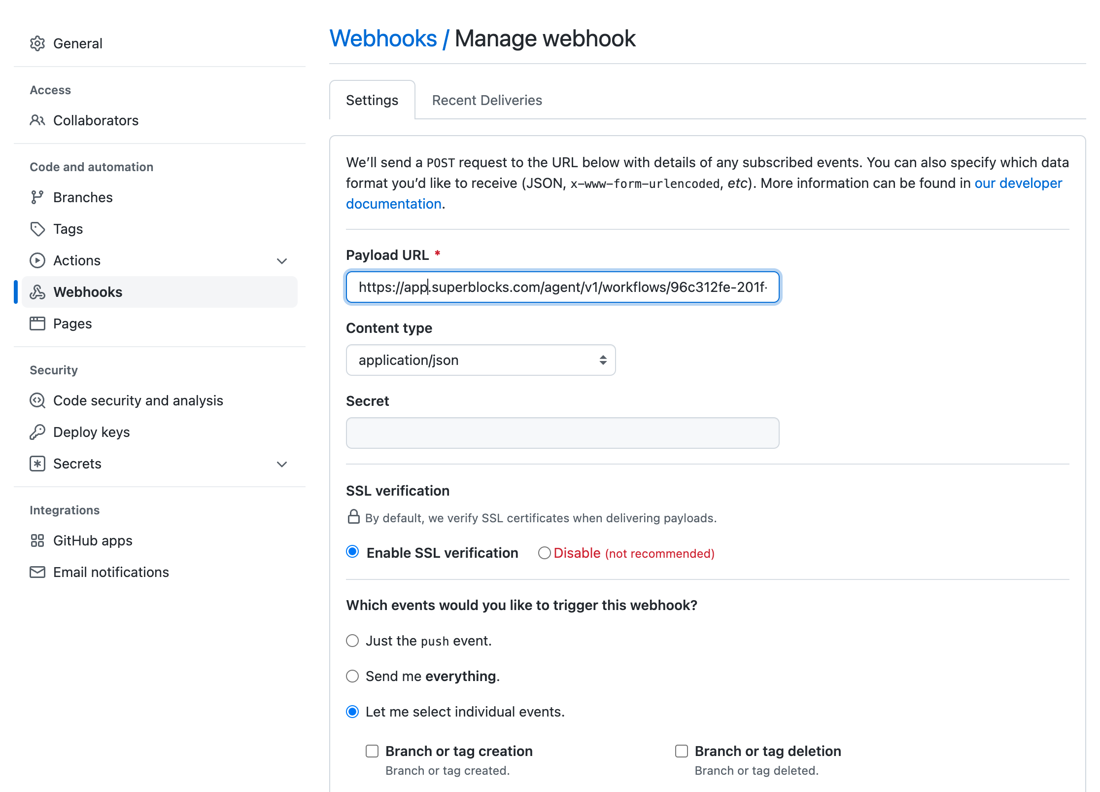 Create webhook in Github to connect to Superblocks workflows