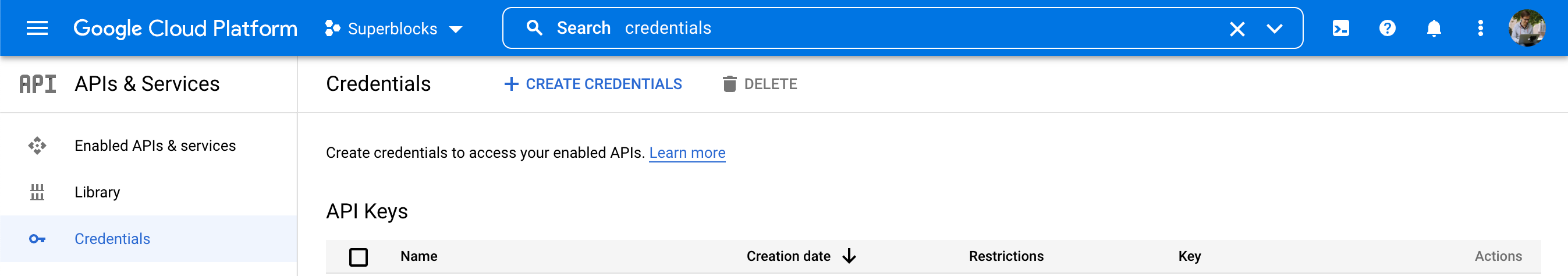 The Credentials page on Google Cloud Platform&#39;s Dashboard