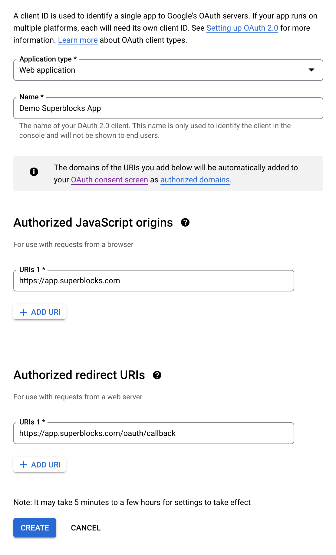 Specify Superblocks as authorized JavaScript origin and authorized redirect URI in Google