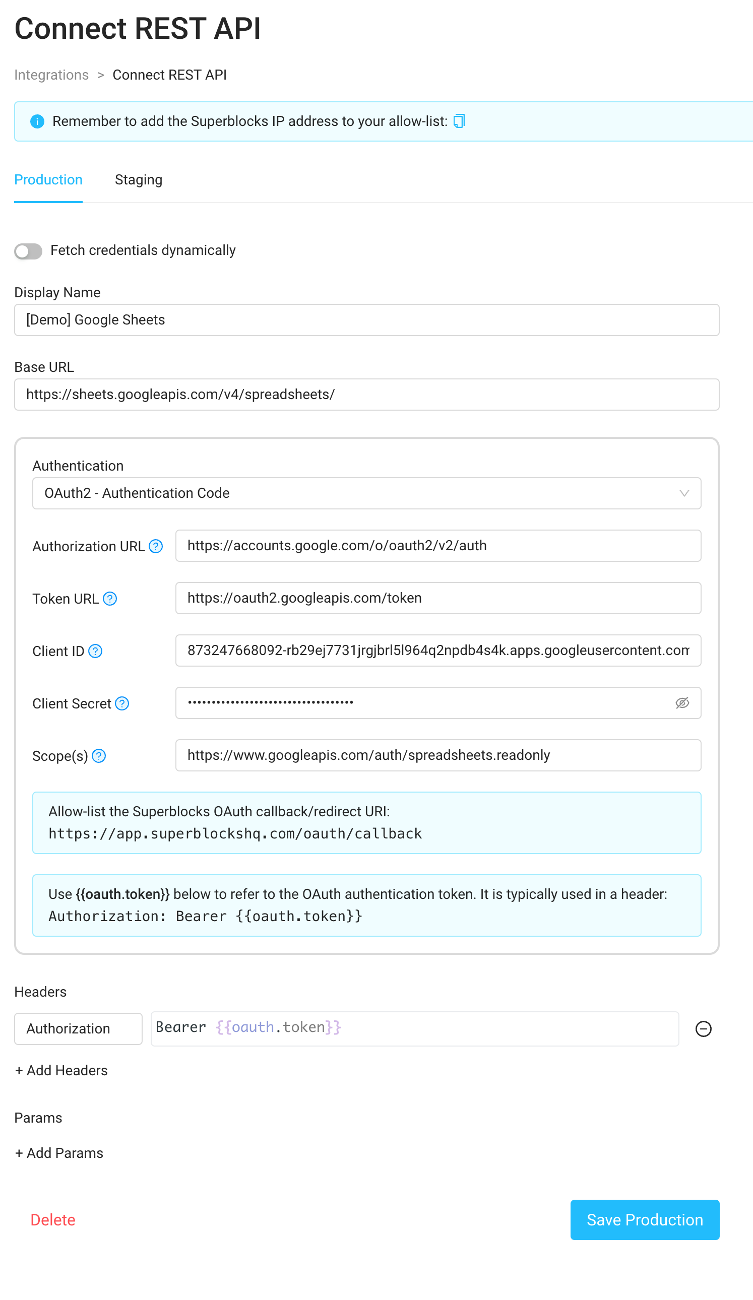 Superblocks Authenticated REST API Configuration