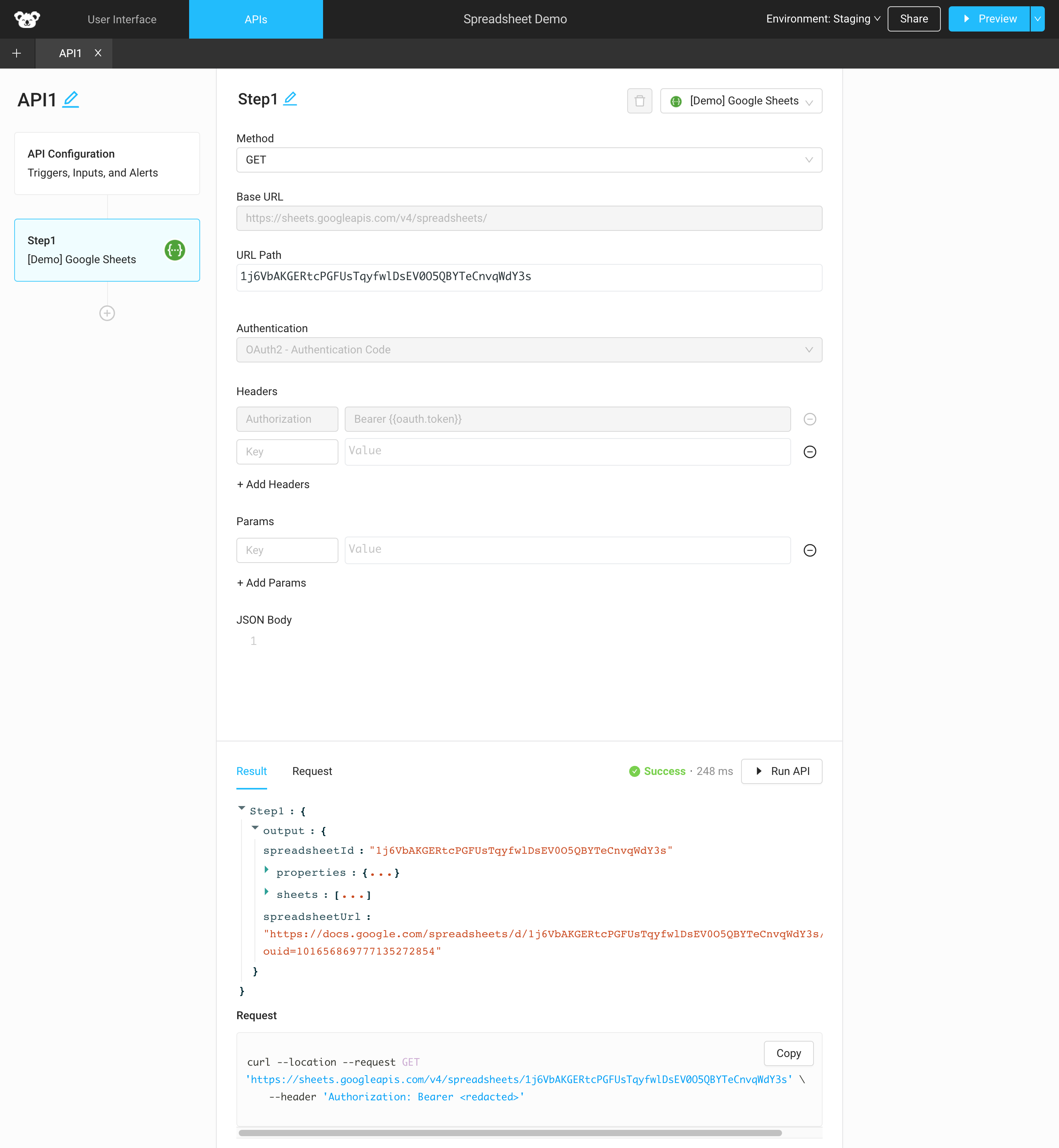 A successful call to Google&#39;s Spreadsheet API in Superblocks