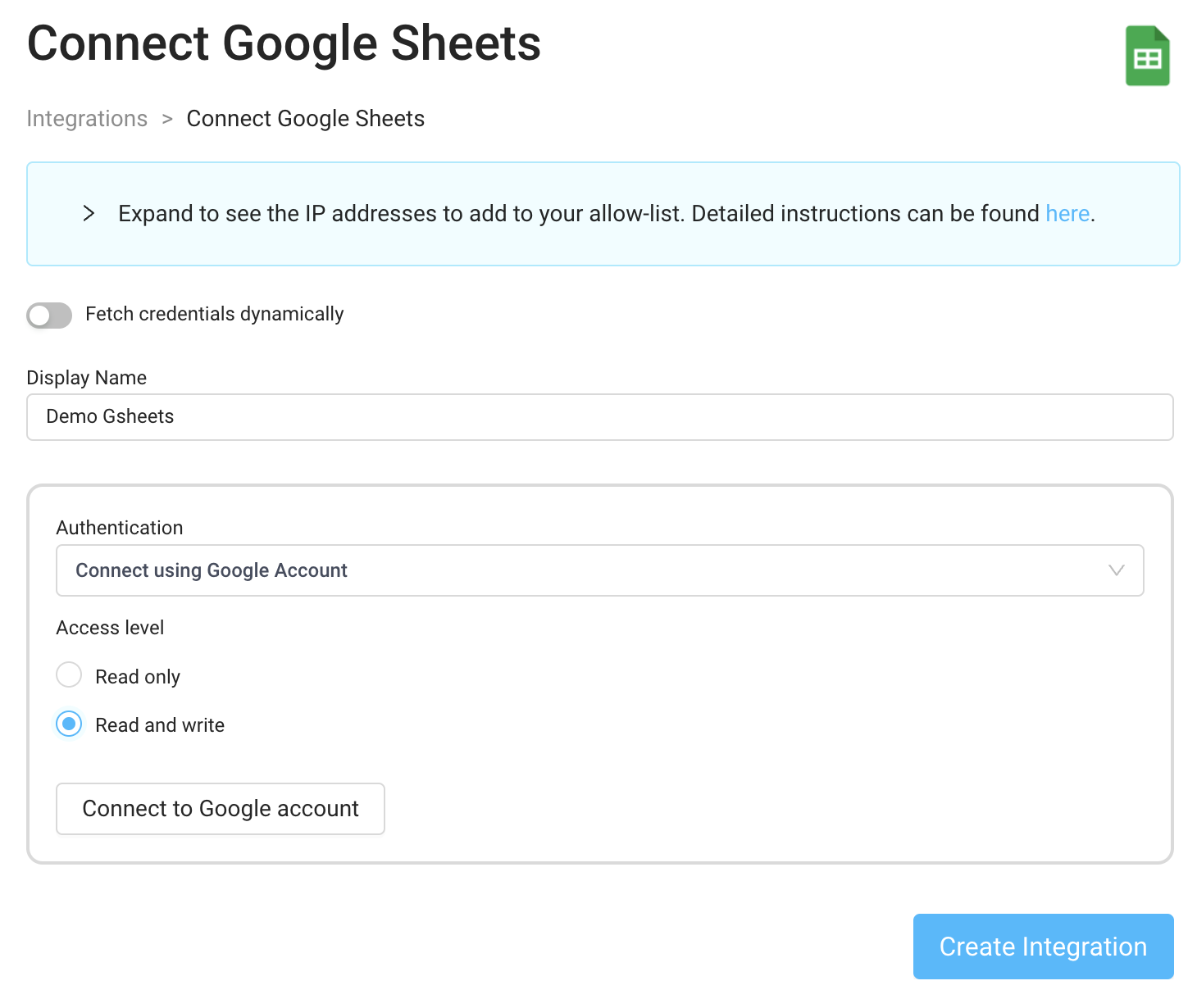 Connect to Google Sheets using a Google account
