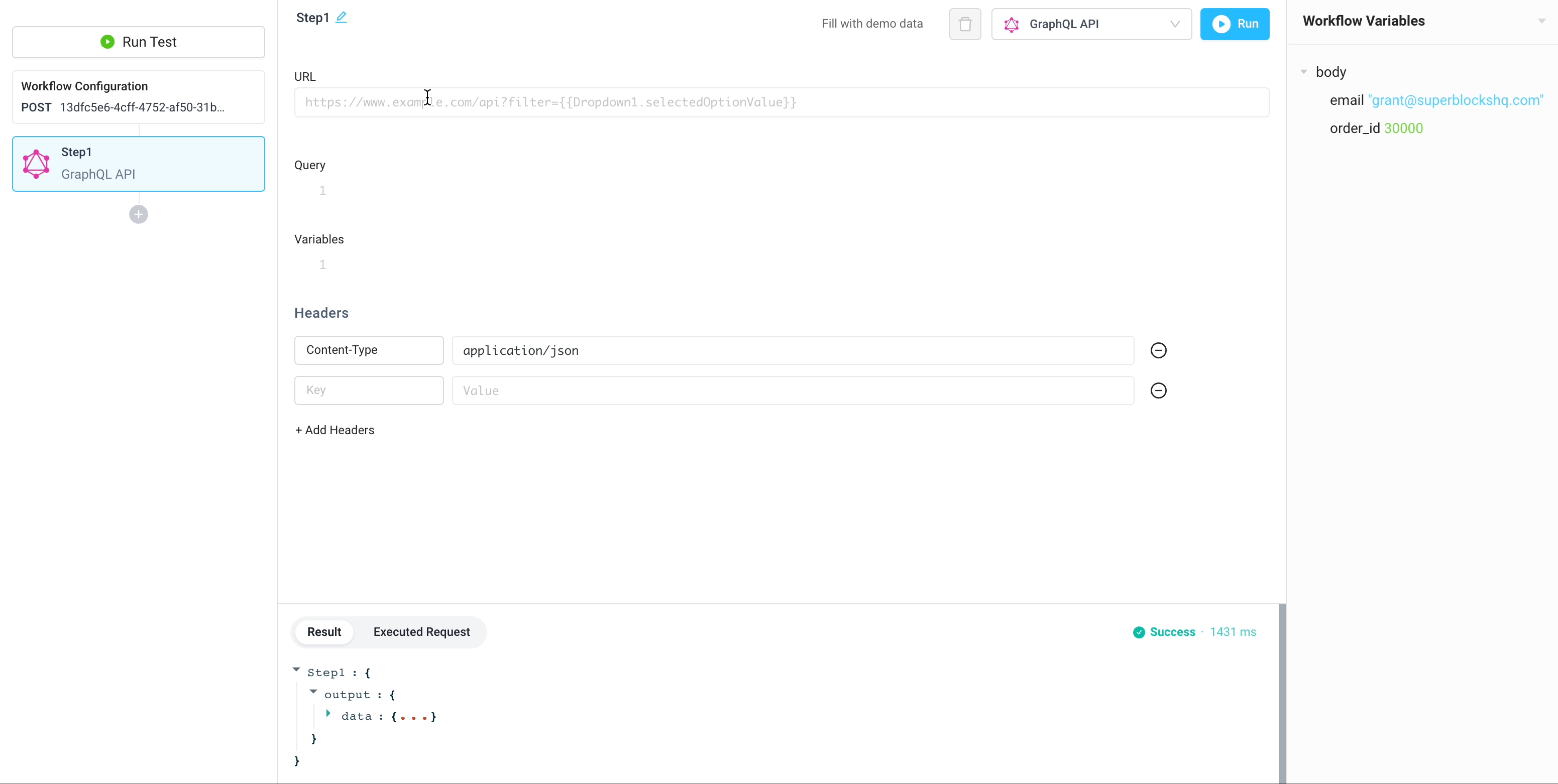 Graphql step using the test body variable and return output to the user