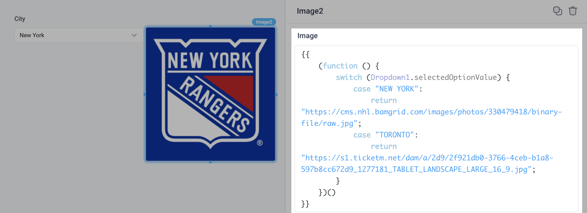 Use JavaScript to dynamically render an image based on the selection of a dropdown component