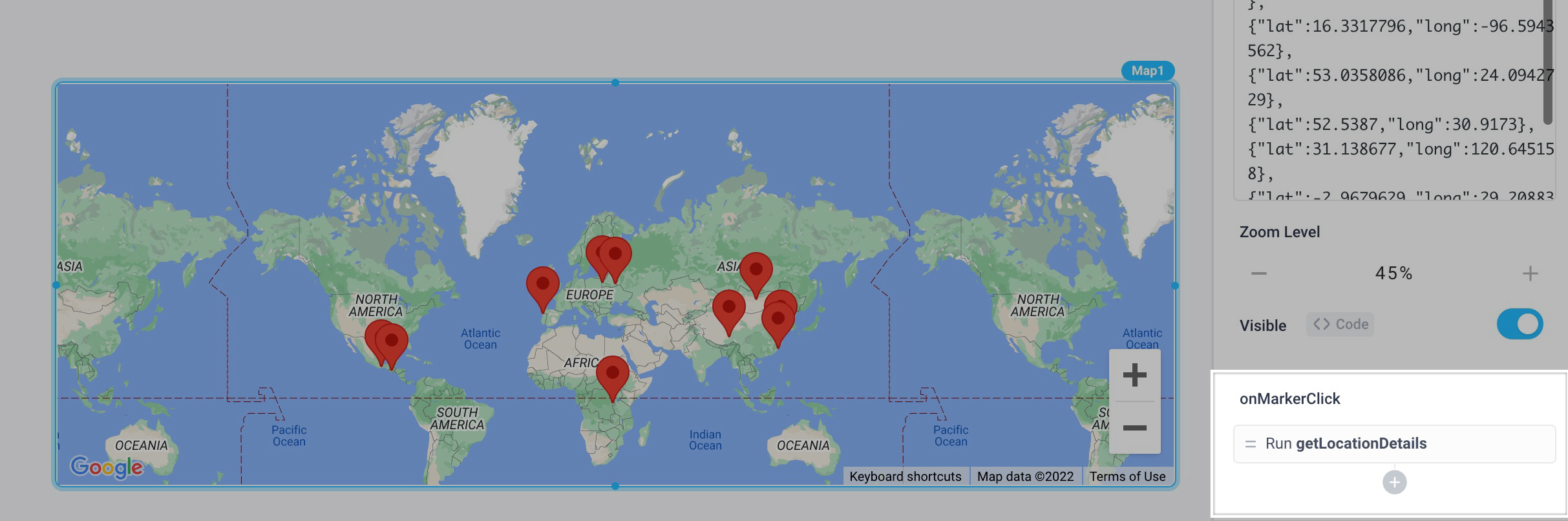 Use event handlers to trigger actions, such as running an API, when a user clicks on a marker within the map