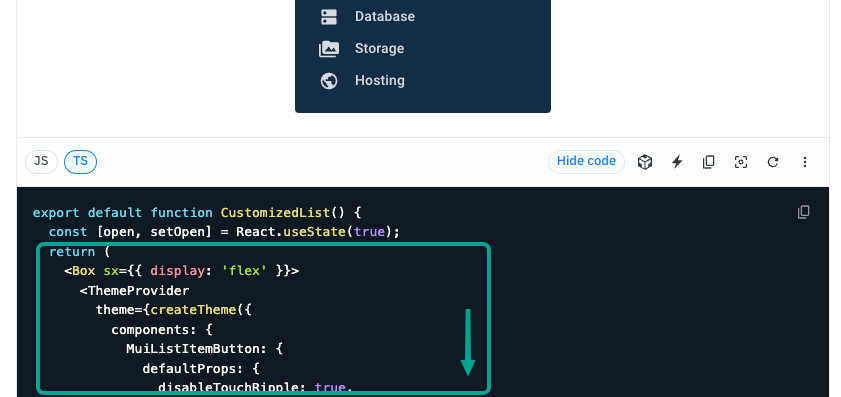 The return statement from the MaterialUI component page is going to be pasted in VS Code.