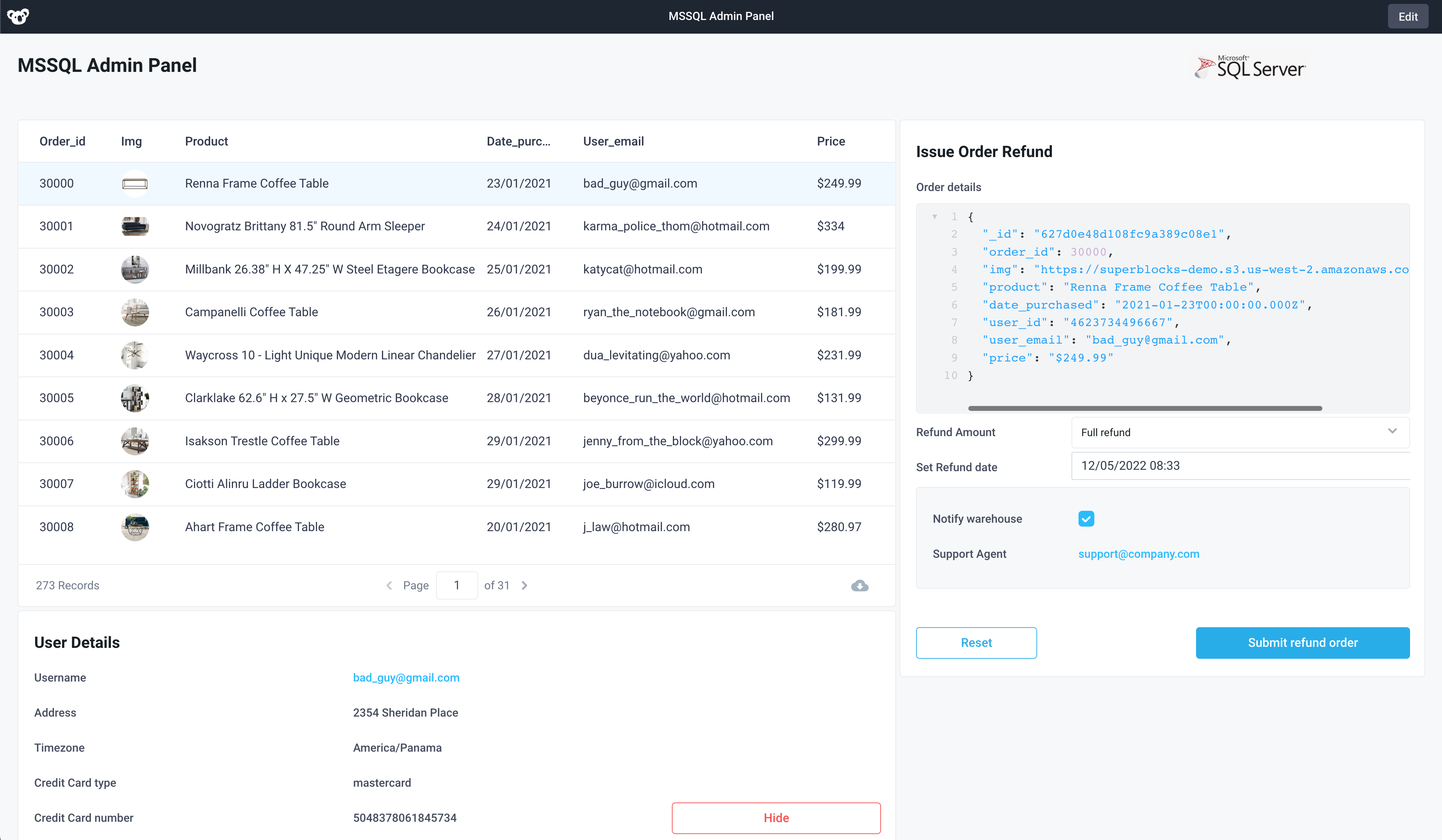 Admin dashboard reads from Microsoft SQL Server allowing for order refunds