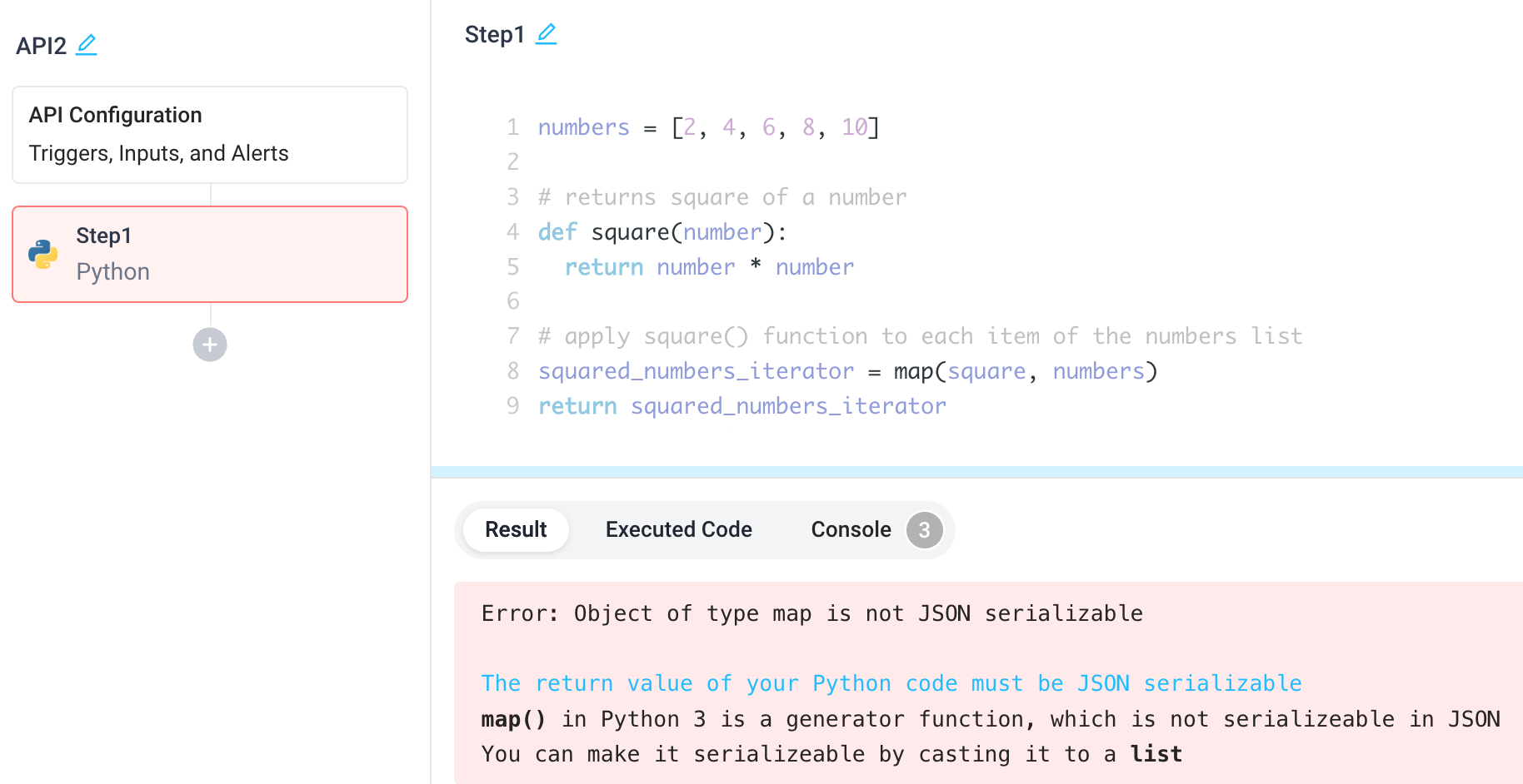 Python errors are shown with context to ease troubleshooting