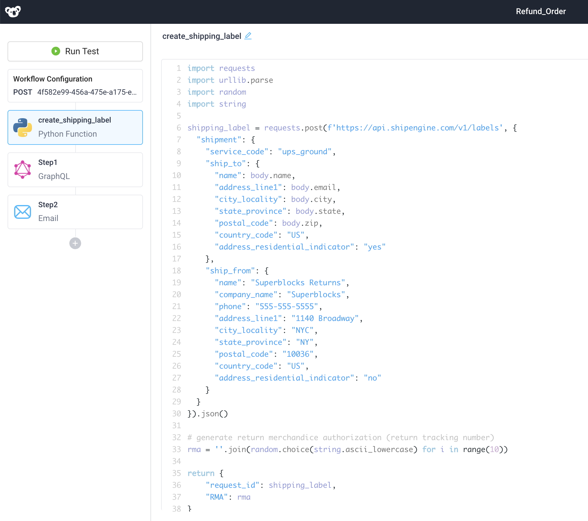 Business logic handled in code with JavaScript or Python