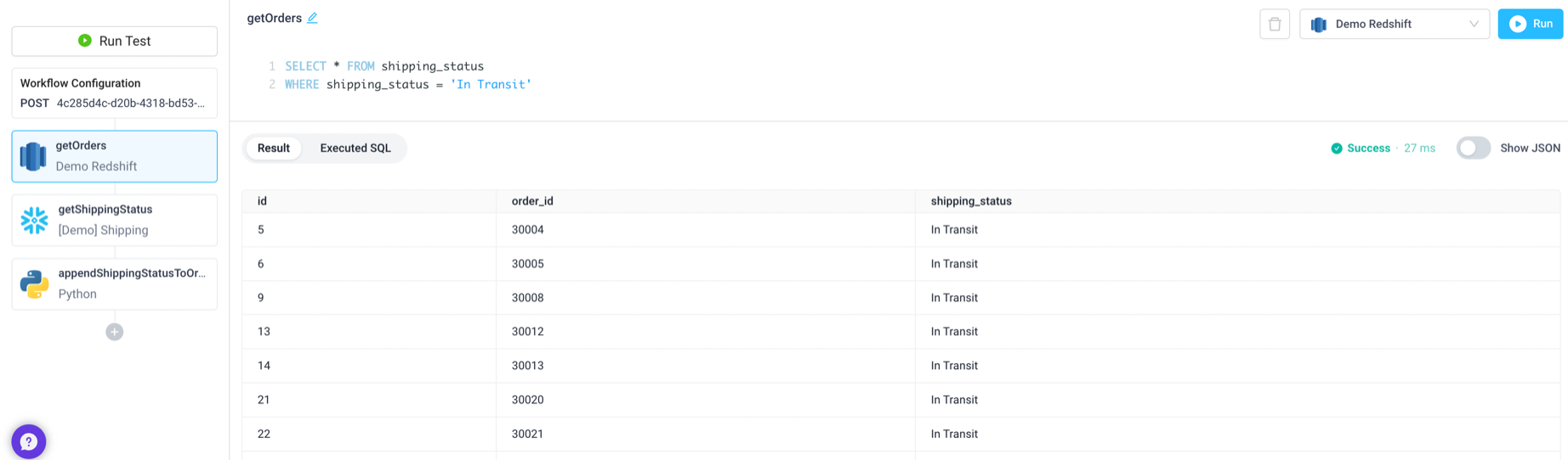 Use a workflow to enrich Redshift data with data from other datastores like Snowflake