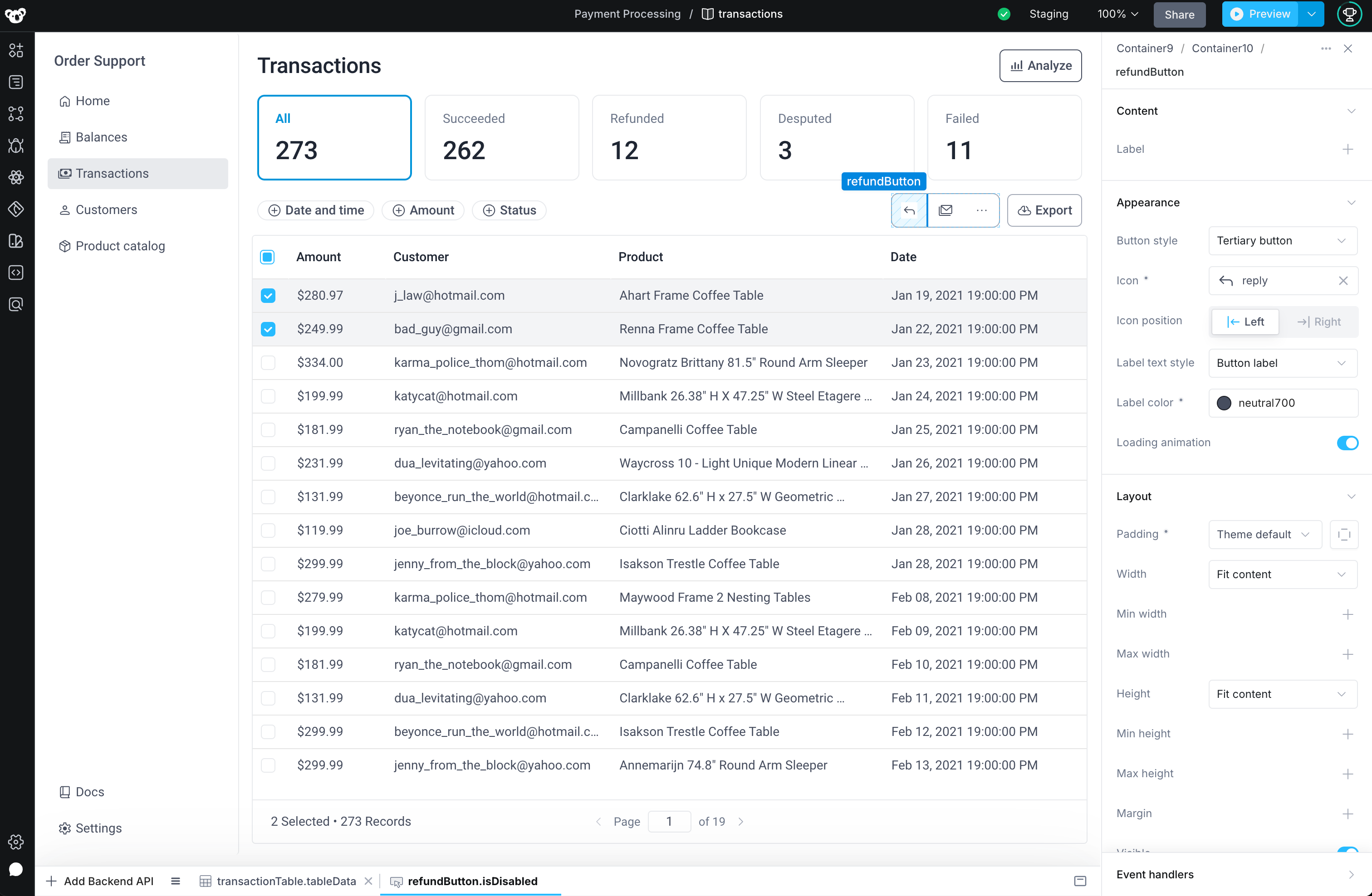 Transactions page of payment processing app