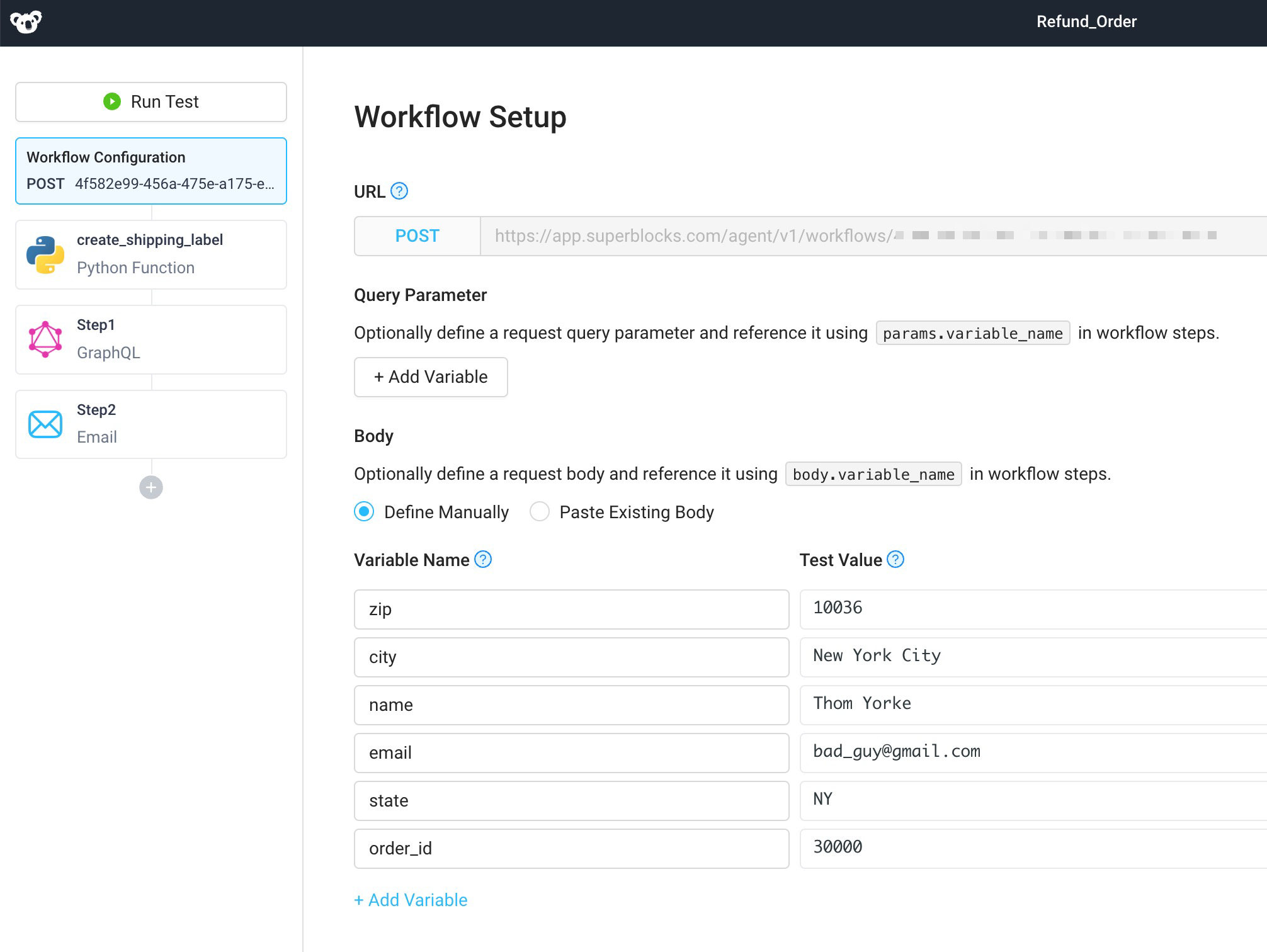 Setting Workflow query parameters and body variables