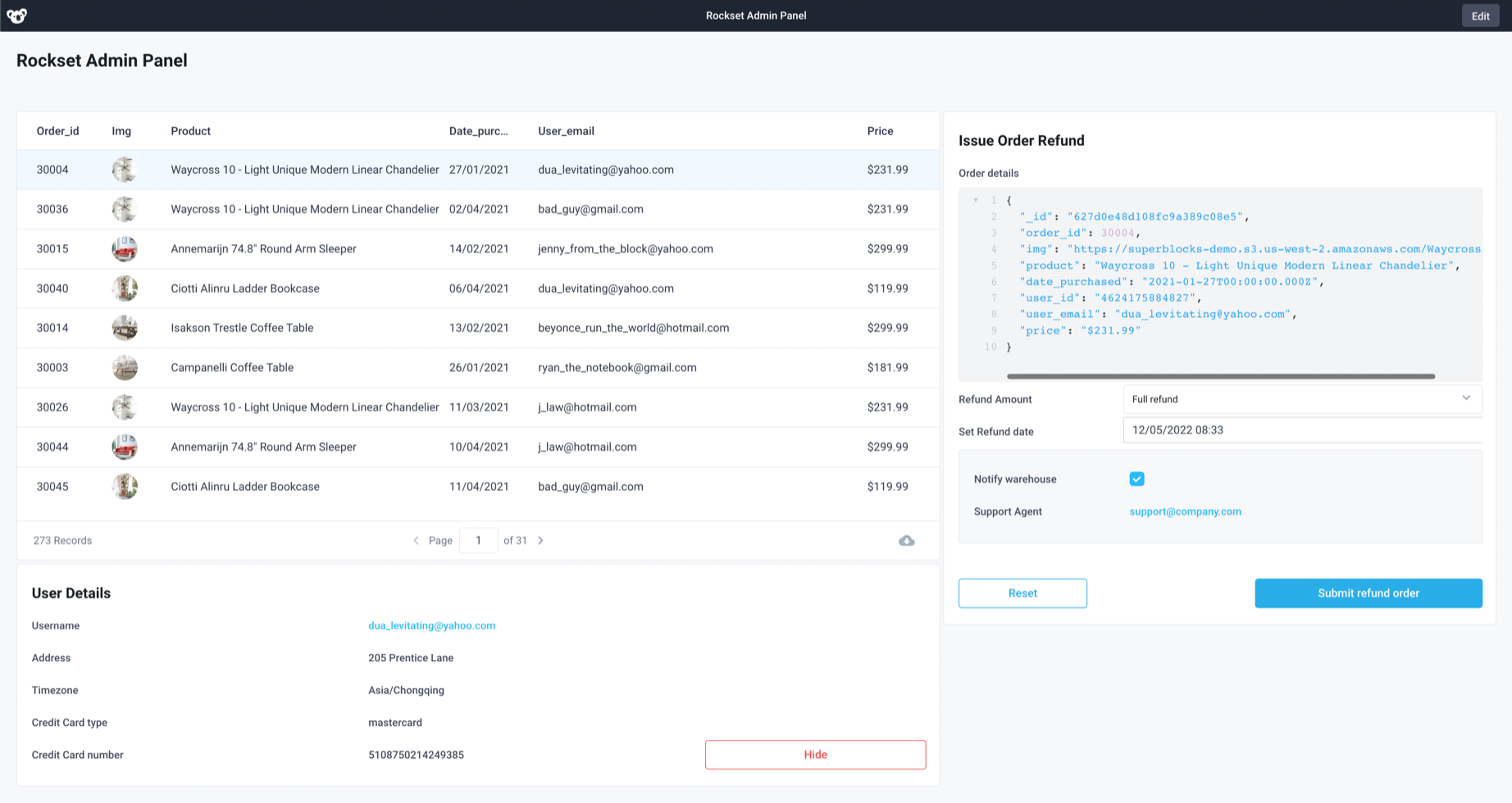 Admin dashboard reads from Rockset allowing for order refunds