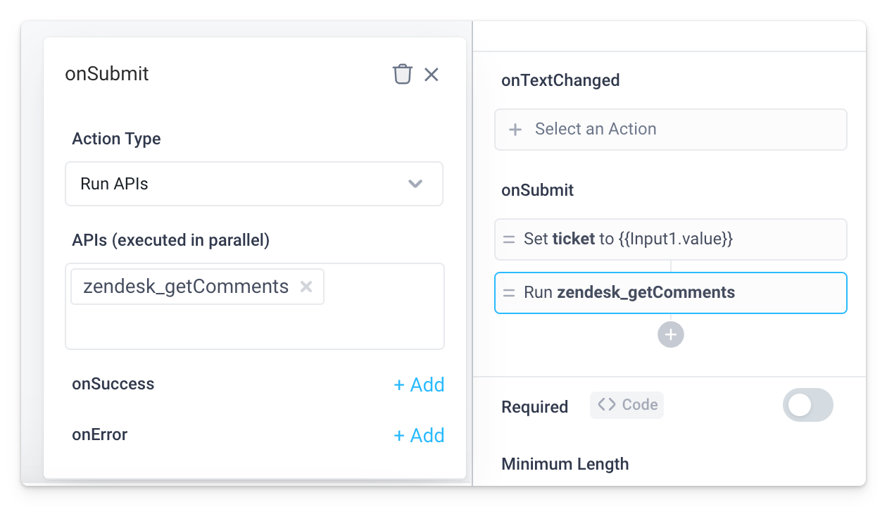 A second Action Type triggered by the same event handler is used to run the Zendesk API when the user submits the input.