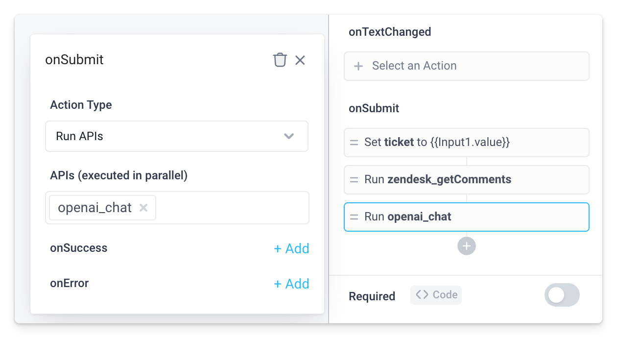 A third action is added to the onSubmit event handler that runs the OpenAI backend API on user submit.