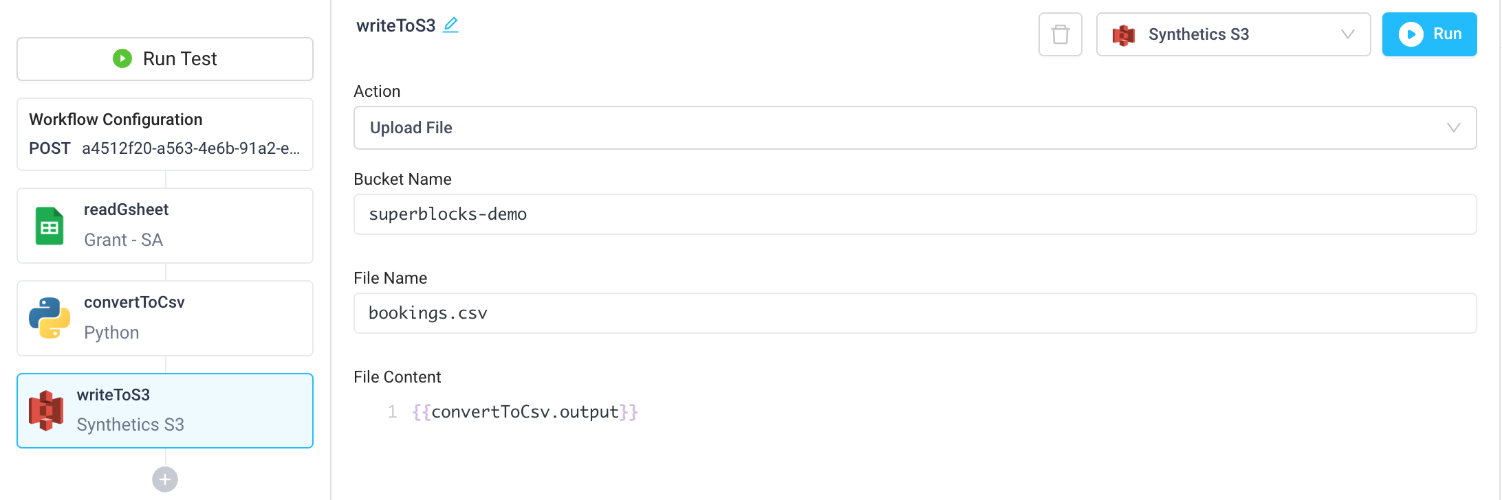 Use S3 in a workflow to store an exported Google Sheet as a CSV