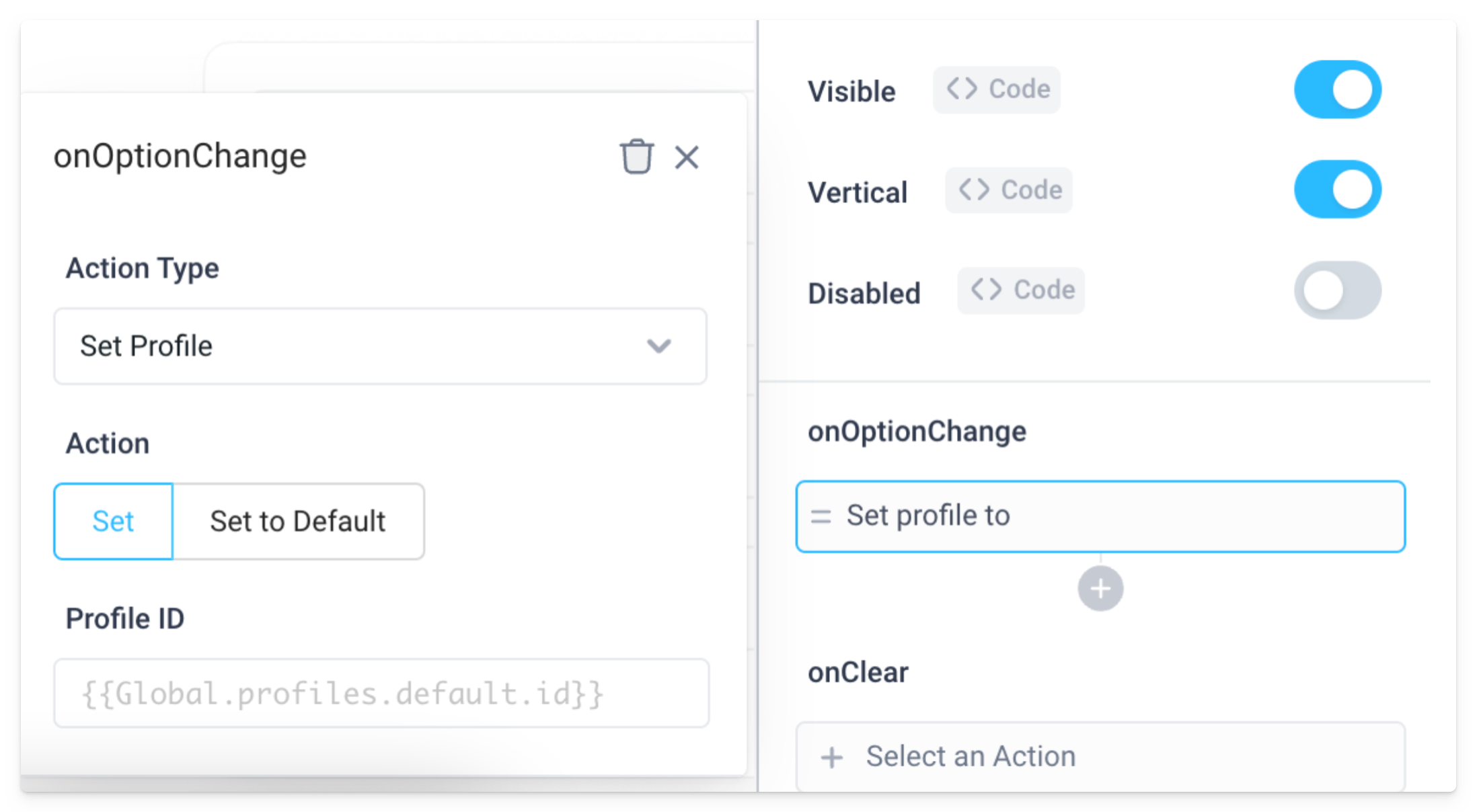 Setting profile action event handler.