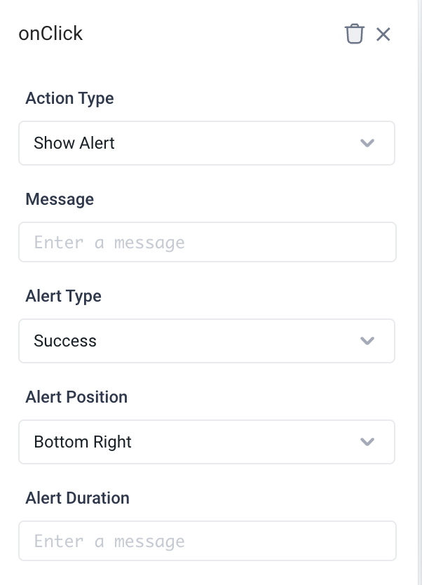 Select message, type, position, and duration for the alert.