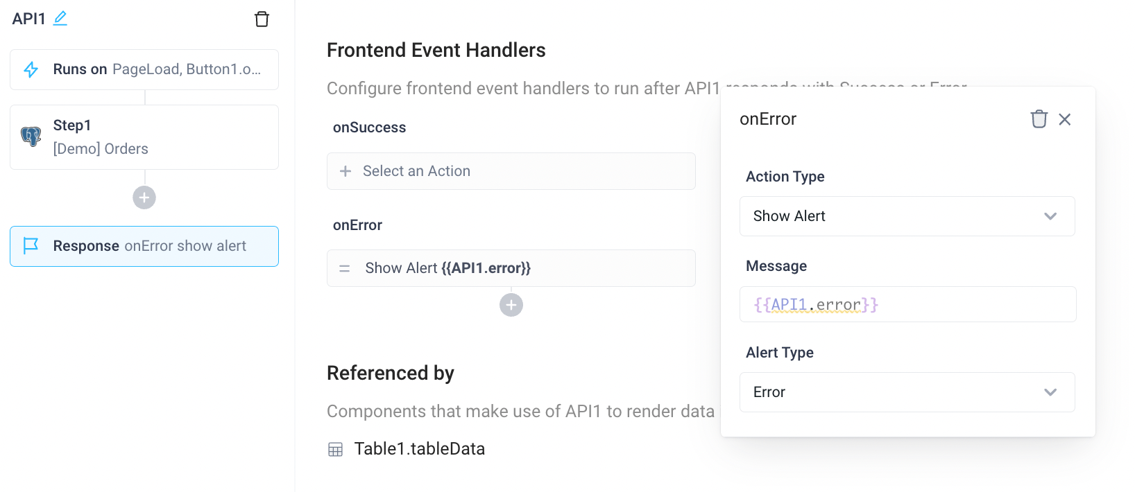 APIs that throw an error will show the error in an alert by default