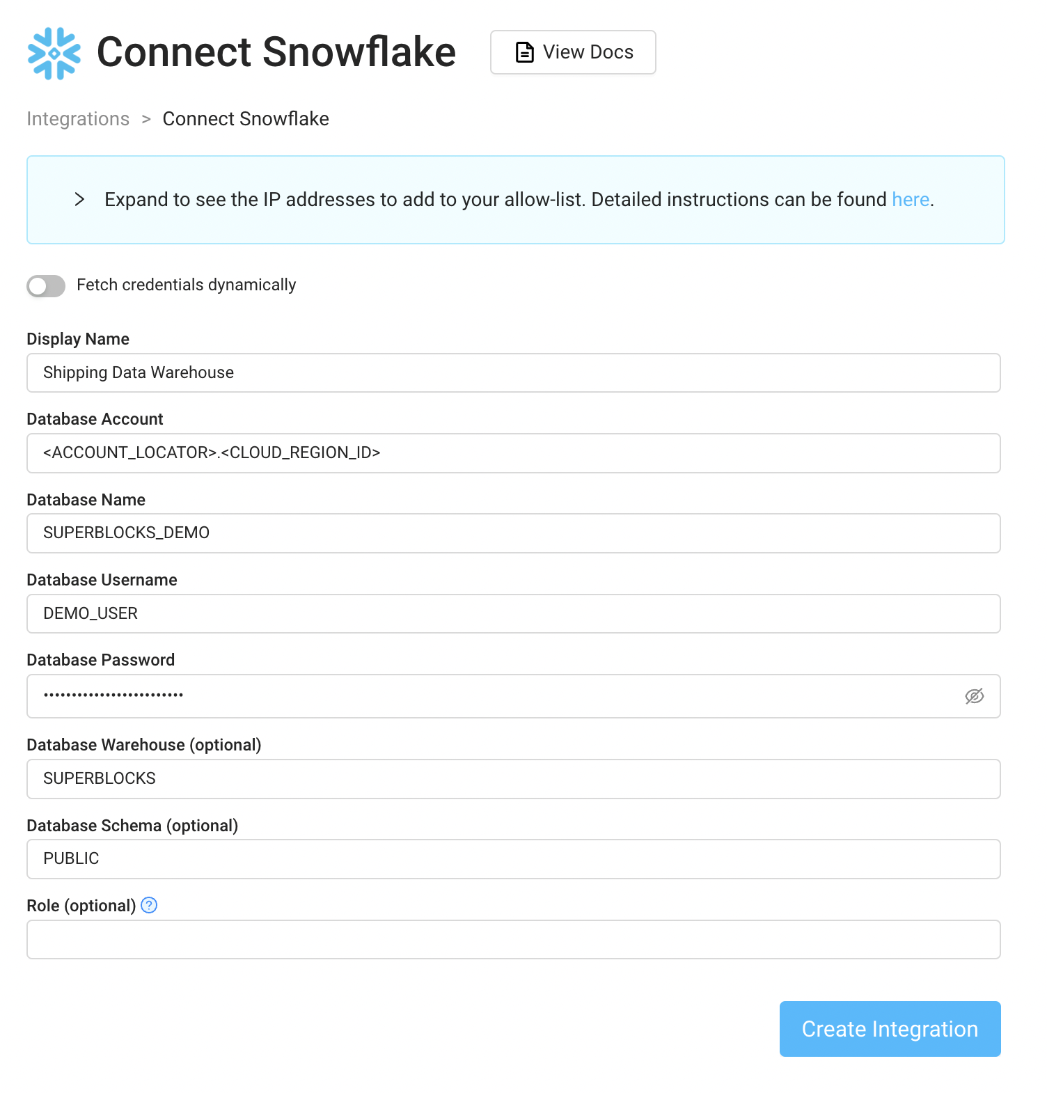Connect to Snowflake using Superblocks
