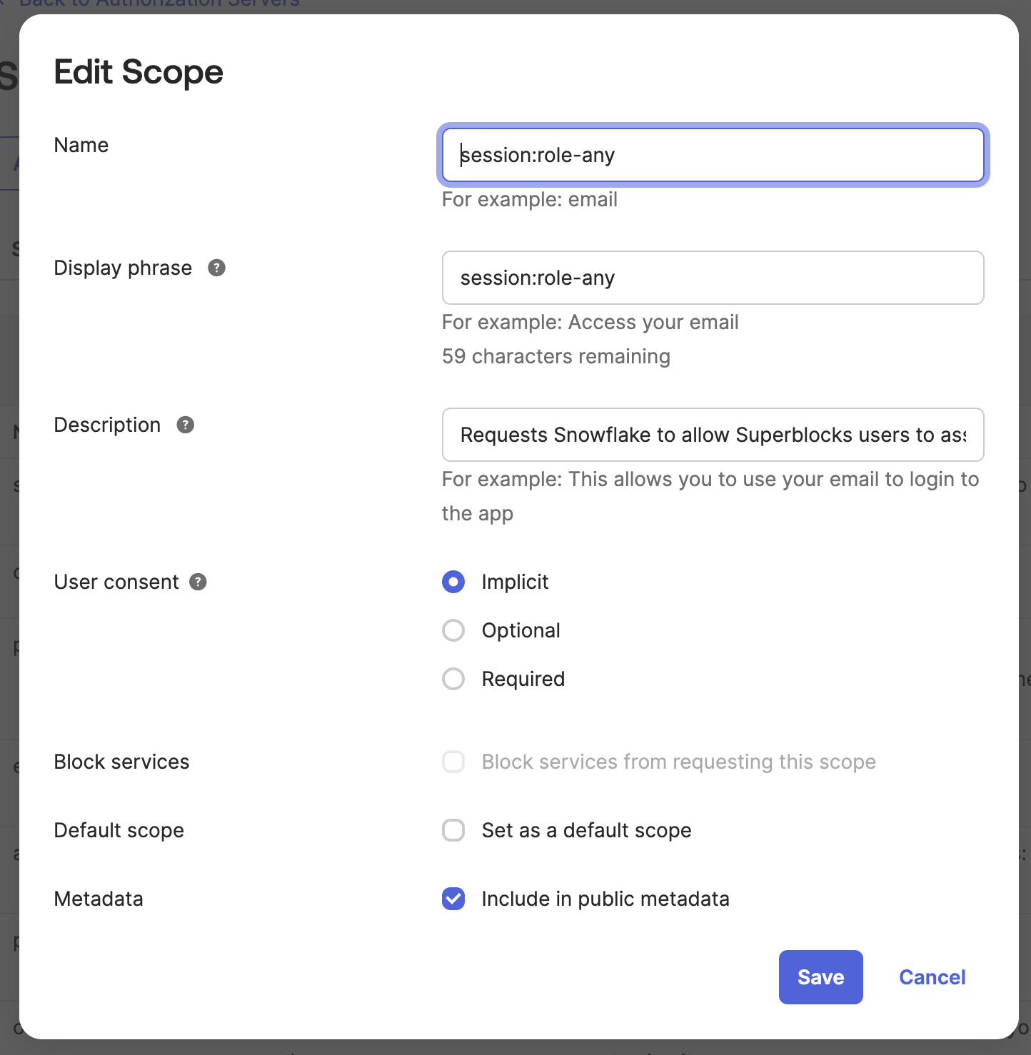 Snowflake Okta Auth Server session:role-any scope configuration