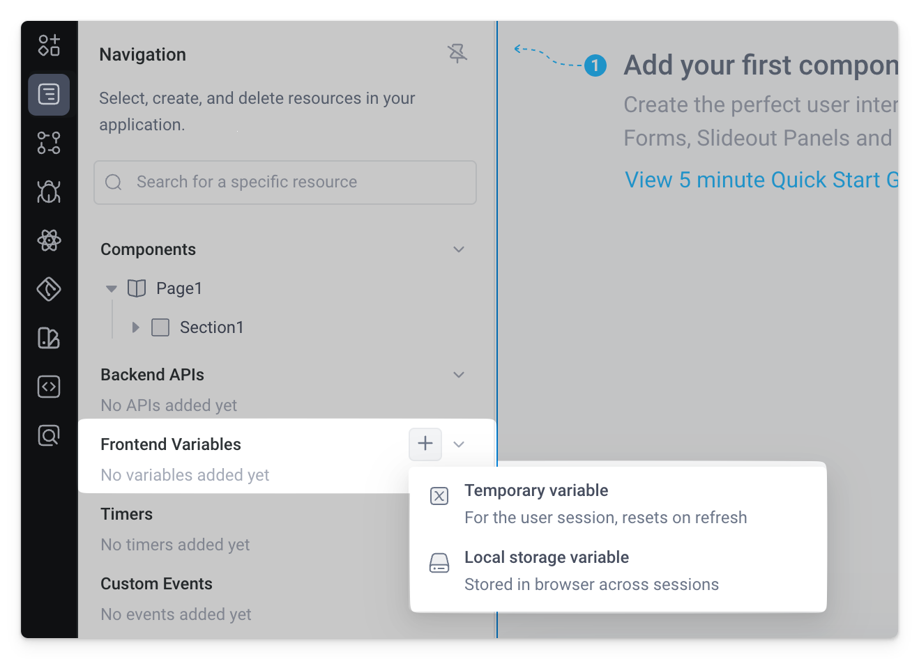 Create a new frontend variable from the Navigation panel
